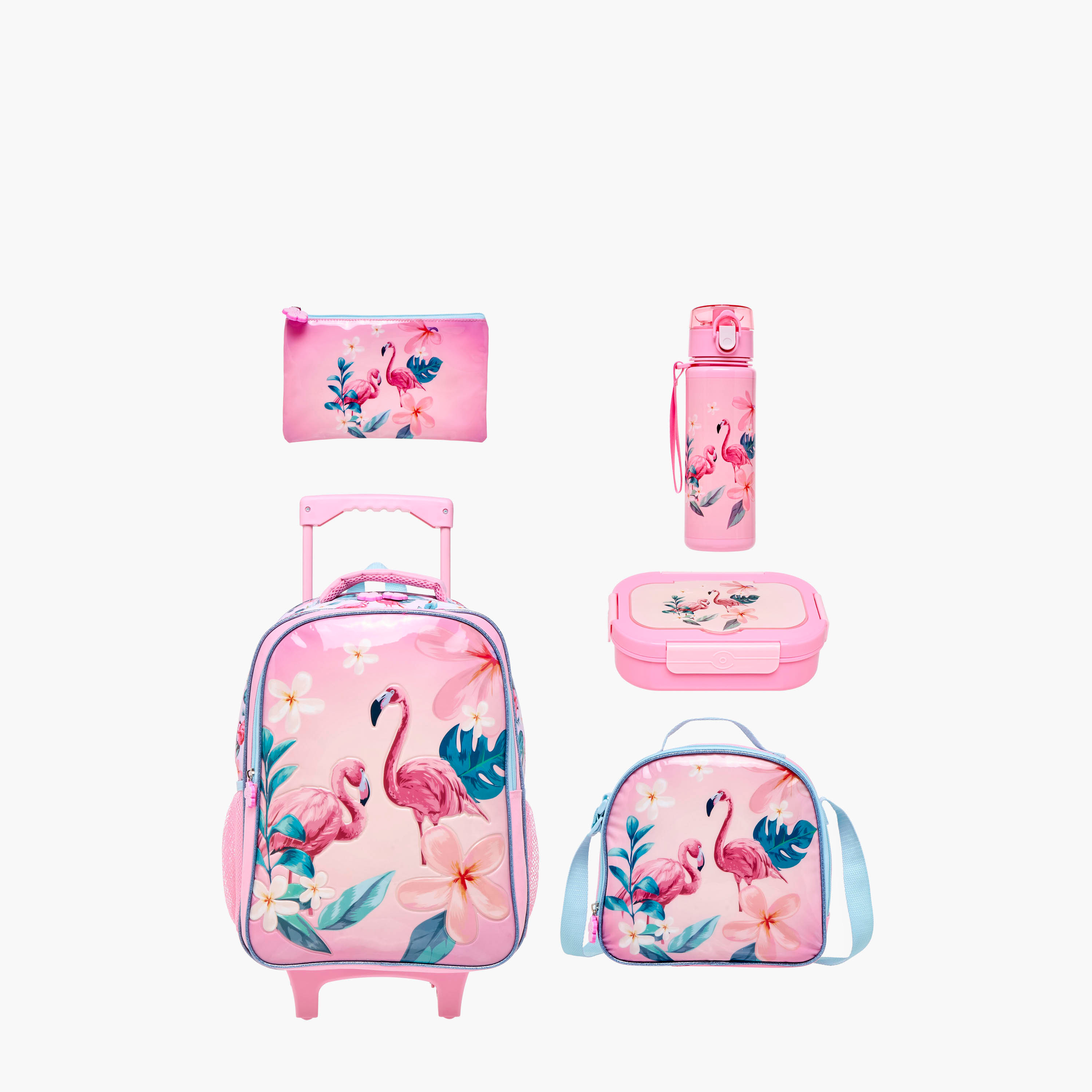 Juniors 5-Piece Flamingo Print Trolley Backpack Set - 16 inches-school-bagsandbackpacks-trolleybags-image-1
