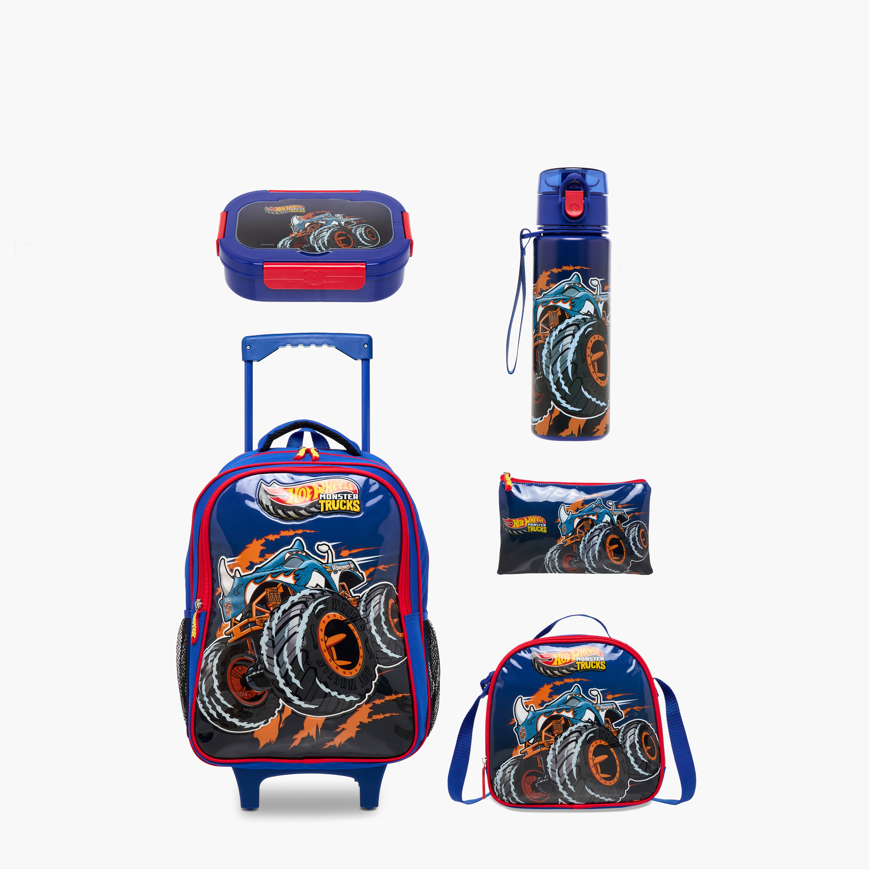 Hot Wheels 5-Piece Monster Truck Print Trolley Backpack Set - 16 inches-school-bagsandbackpacks-trolleybags-image-1