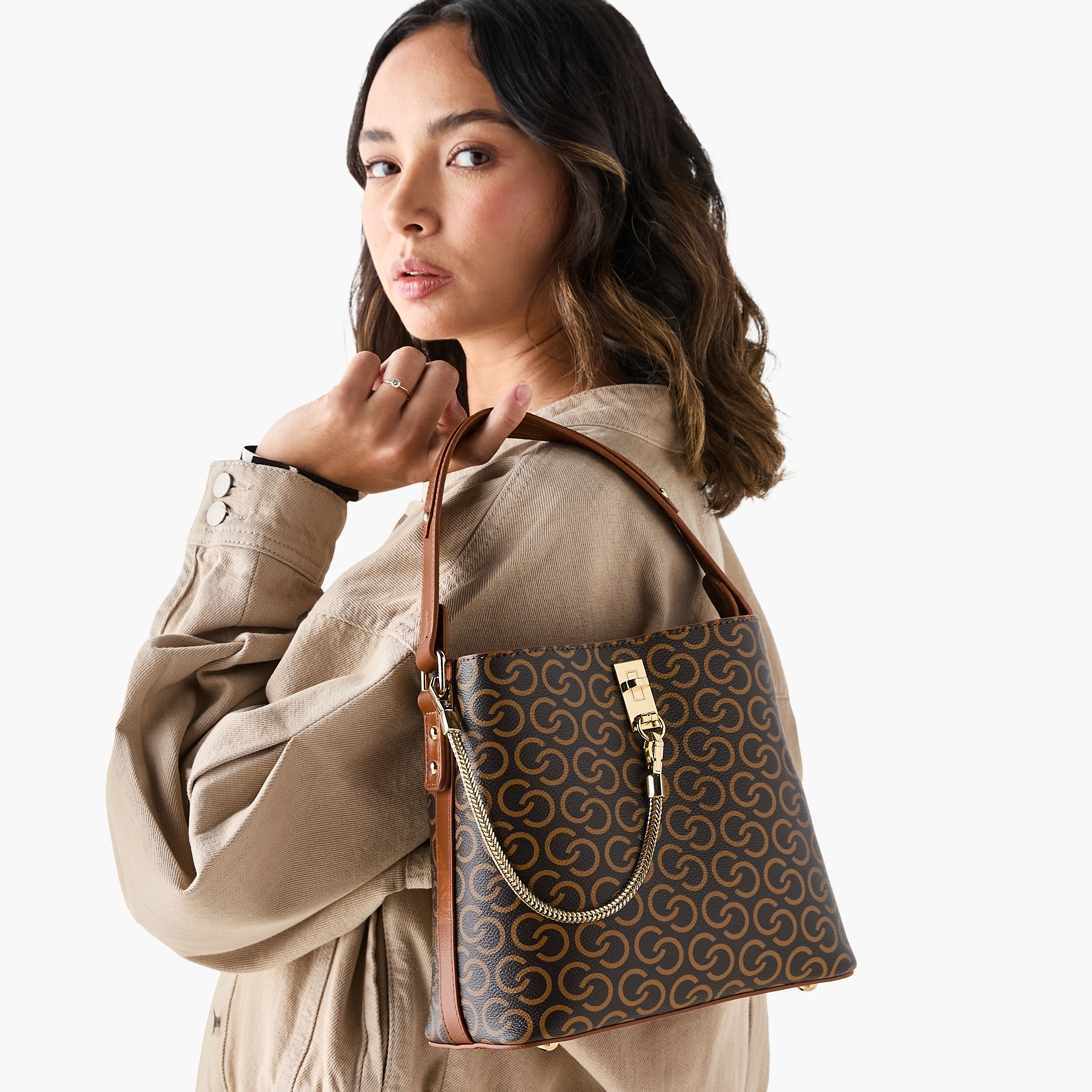 Celeste Monogram Print Shoulder Bag with Zip Closure-women-bagsandwallets-handbags-image-3