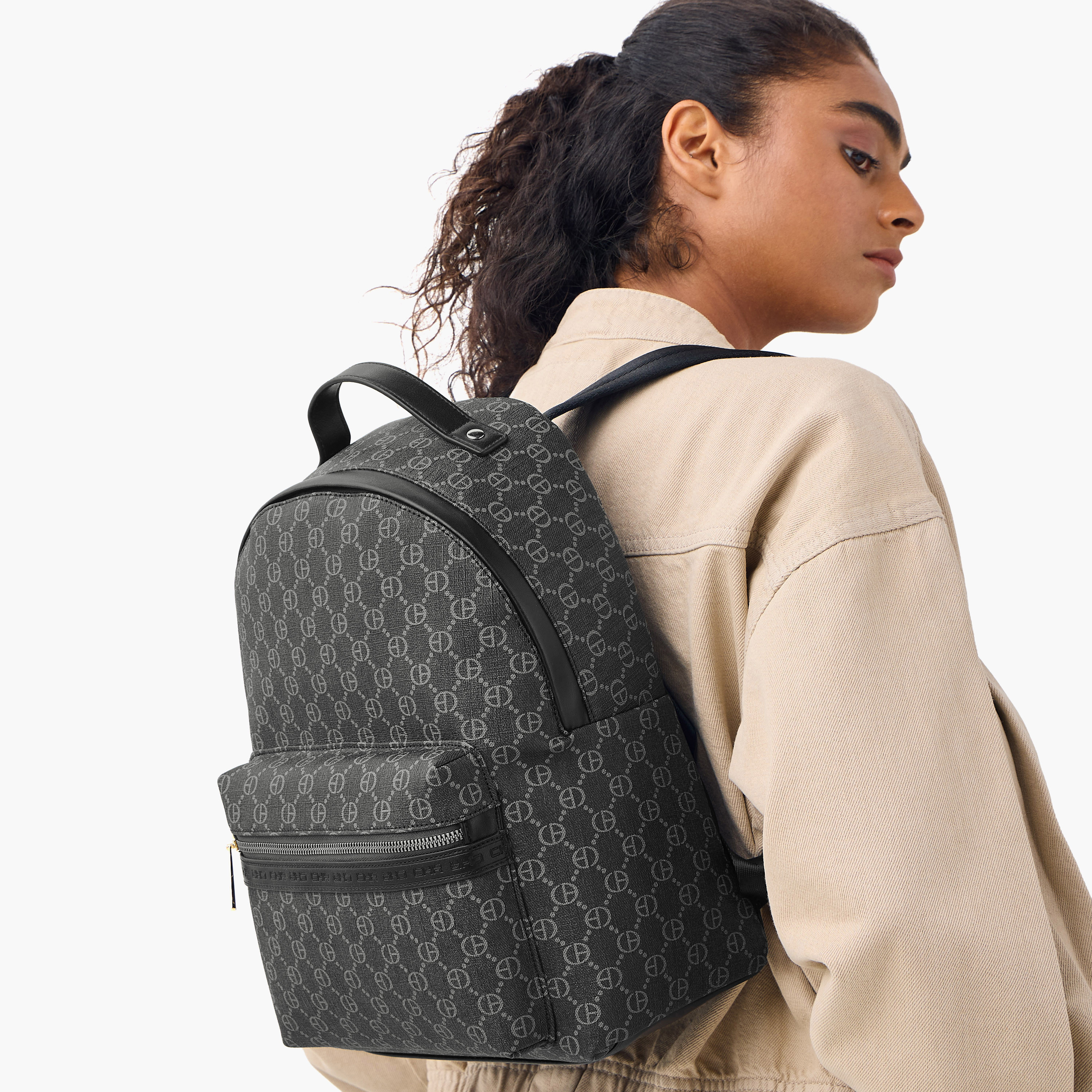 Chrisbella Monogram Print Backpack with Adjustable Straps and Zip Closure - 30x19x36 cms-women-bagsandwallets-backpacks-image-2