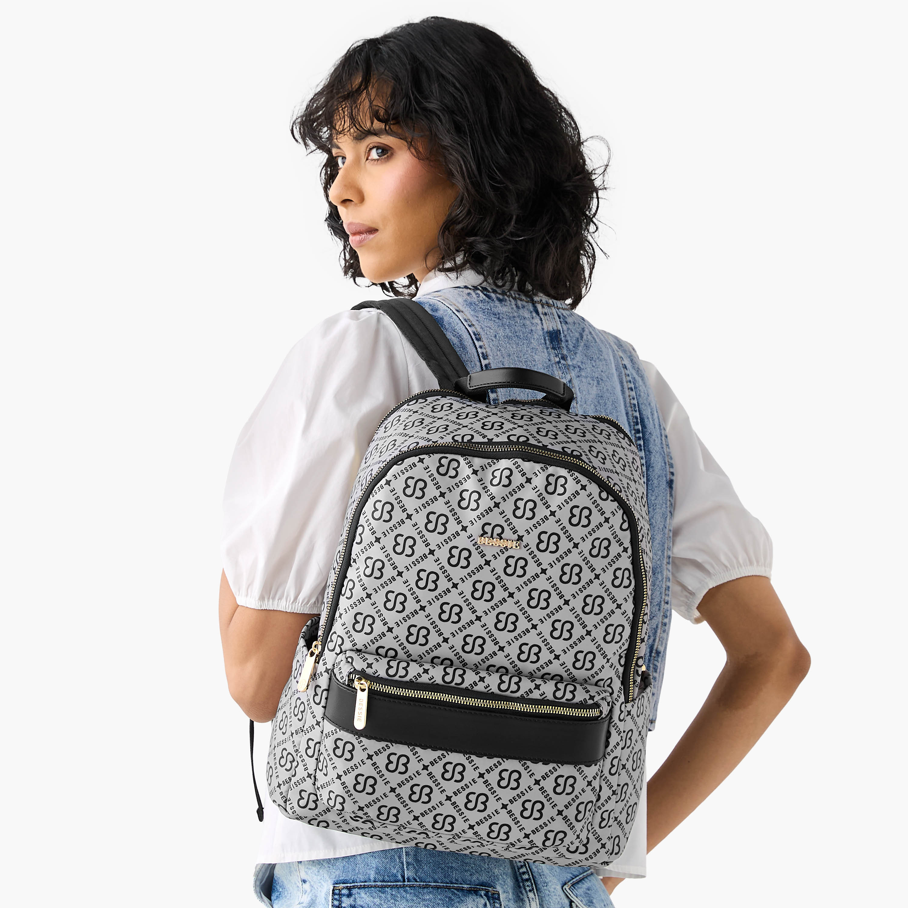 Bessie London Monogram Print Backpack with Adjustable Shoulder Straps and Zip Closure - 30x37x14 cms-women-bagsandwallets-backpacks-image-2