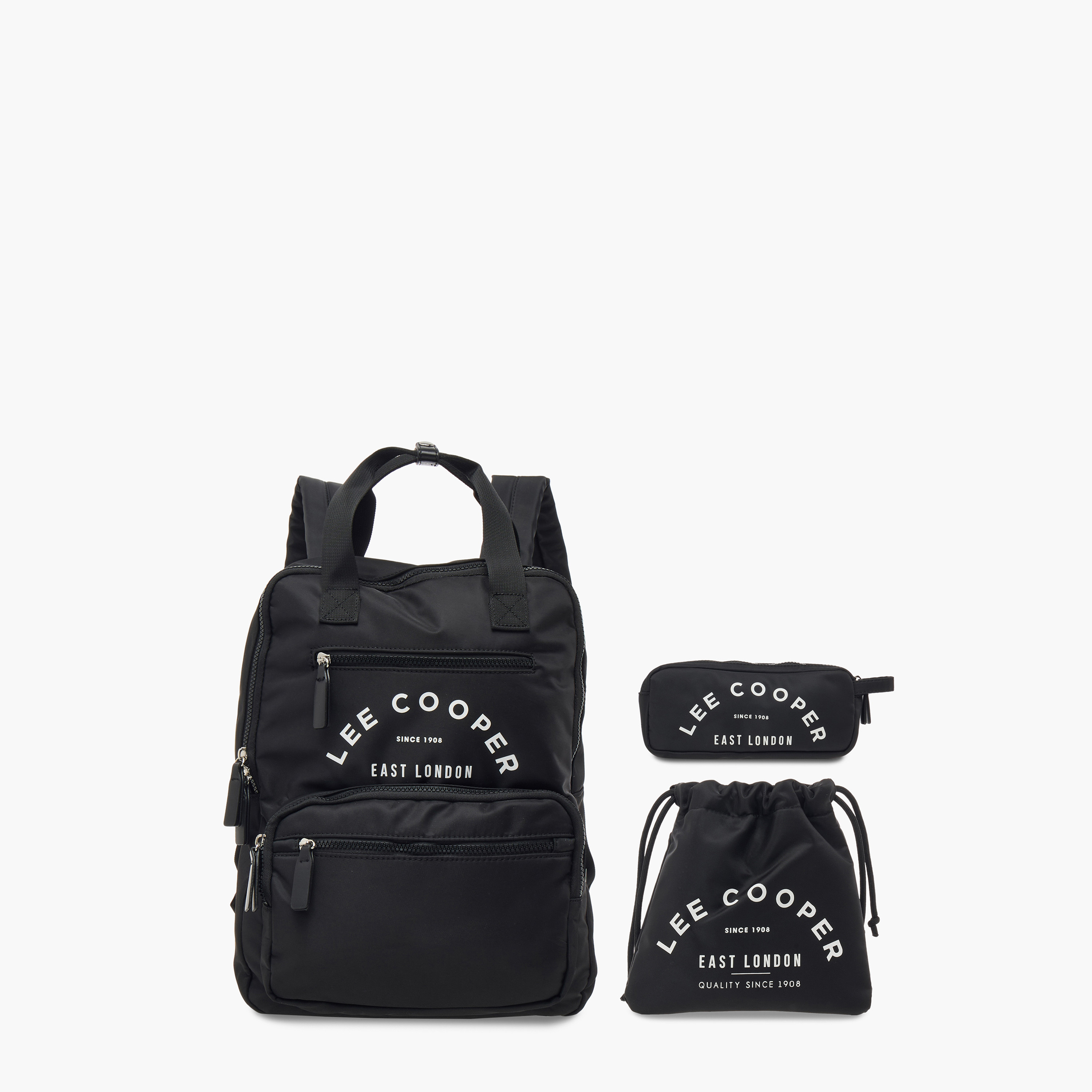 Lee Cooper Logo Print School Backpack with Pencil Case and Drawstring Pouch-women-bagsandwallets-backpacks-image-1