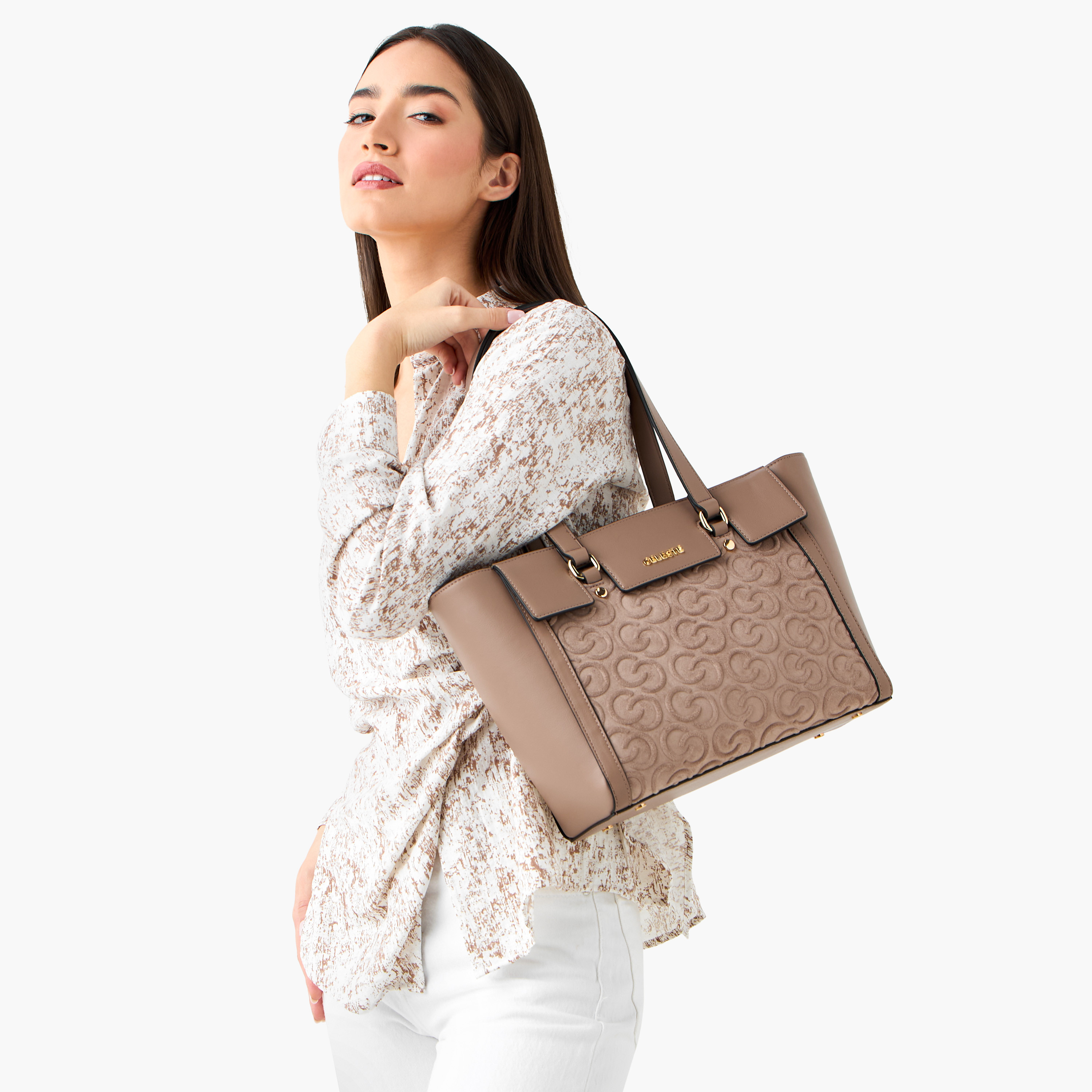 Celeste Monogram Embossed Tote Bag with Double Handle and Zip Closure-women-bagsandwallets-handbags-image-2