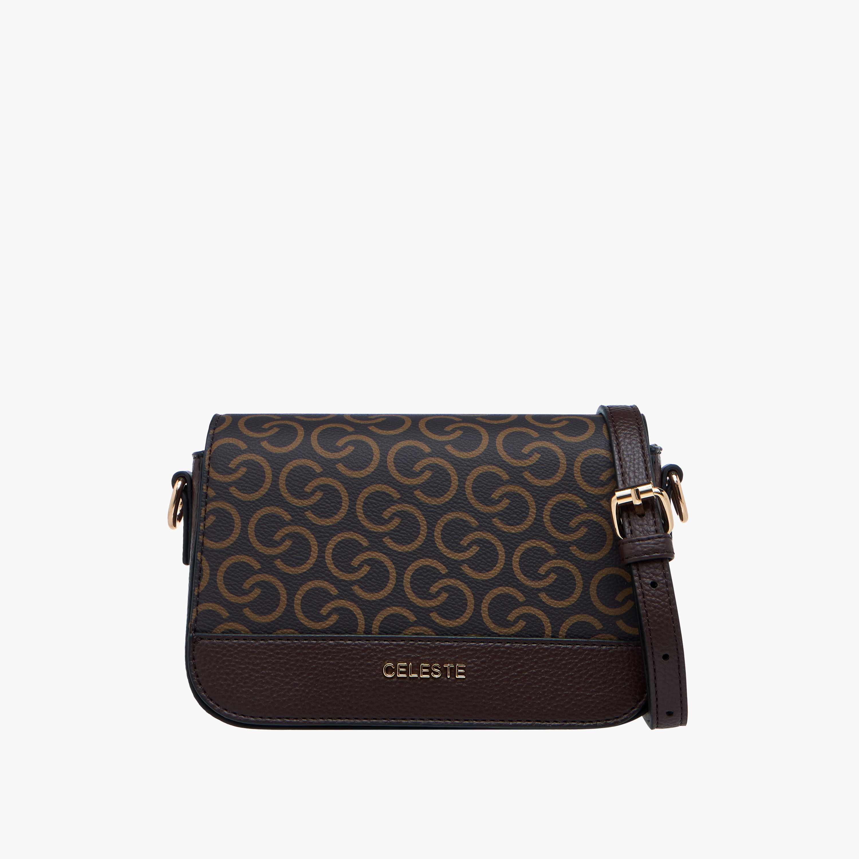 Celeste Monogram Print Crossbody Bag with Detachable Strap and Flap Closure-women-bagsandwallets-handbags-image-1
