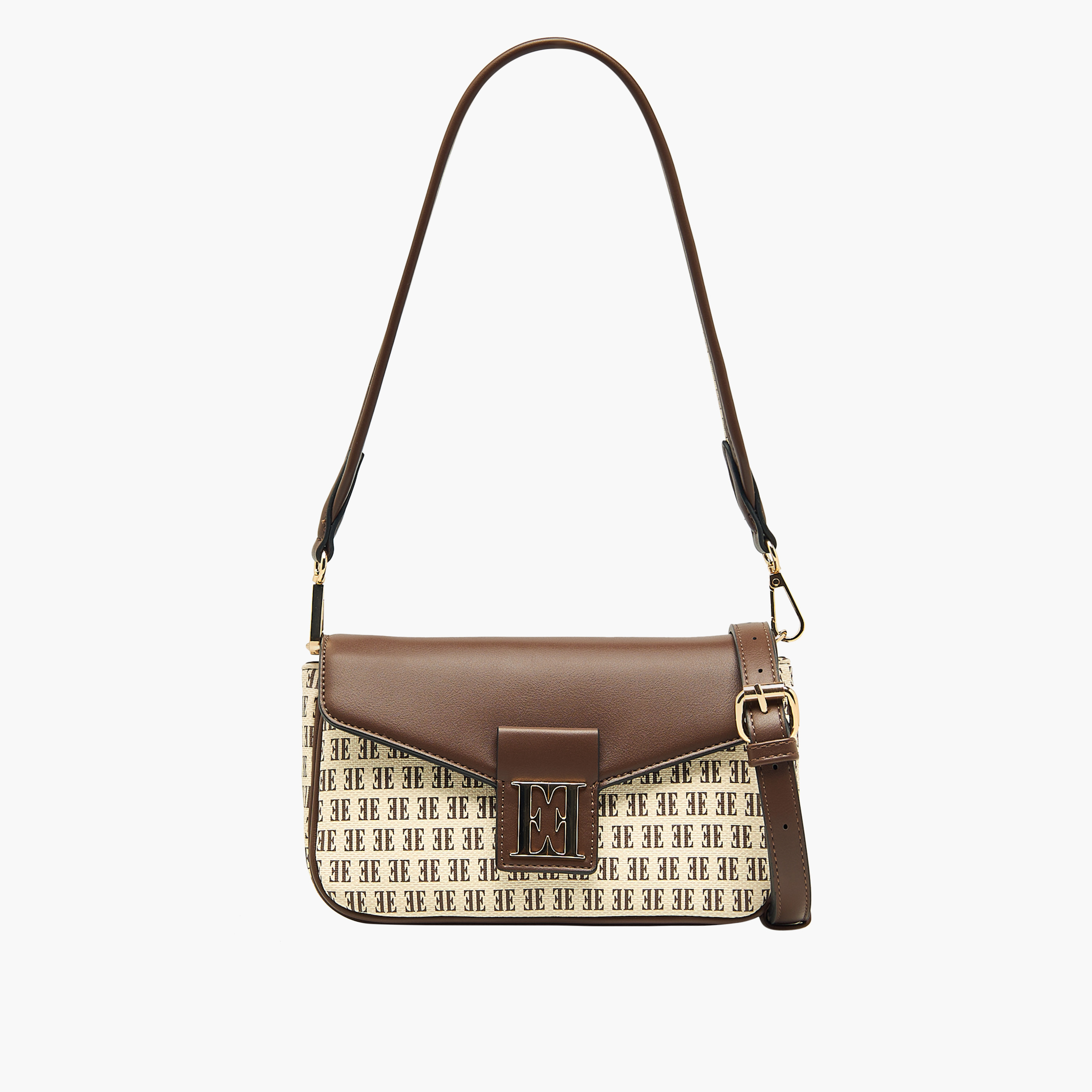 Elle Monogram Print Crossbody Bag with Adjustable Strap and Button Closure-women-bagsandwallets-handbags-image-1