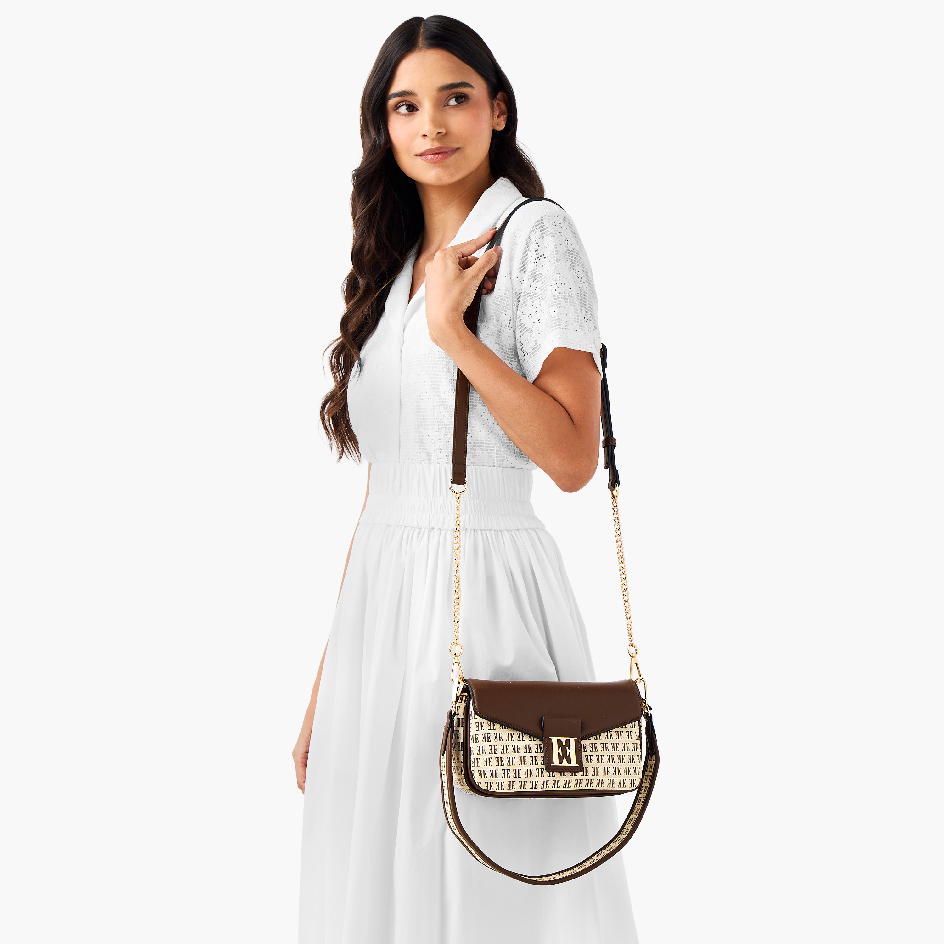 Elle Monogram Print Crossbody Bag with Adjustable Strap and Button Closure-women-bagsandwallets-handbags-image-3