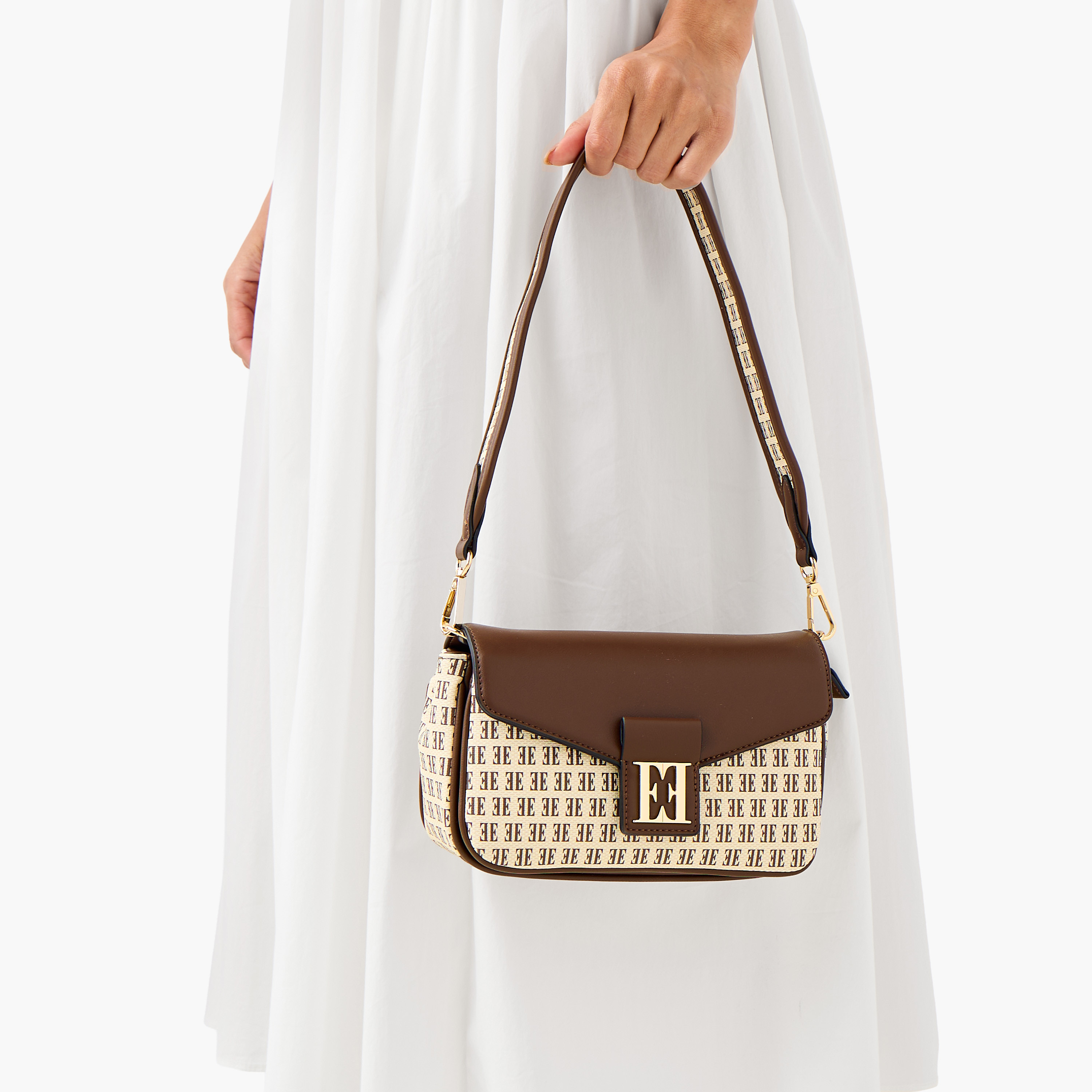 Elle Monogram Print Crossbody Bag with Adjustable Strap and Button Closure-women-bagsandwallets-handbags-image-9