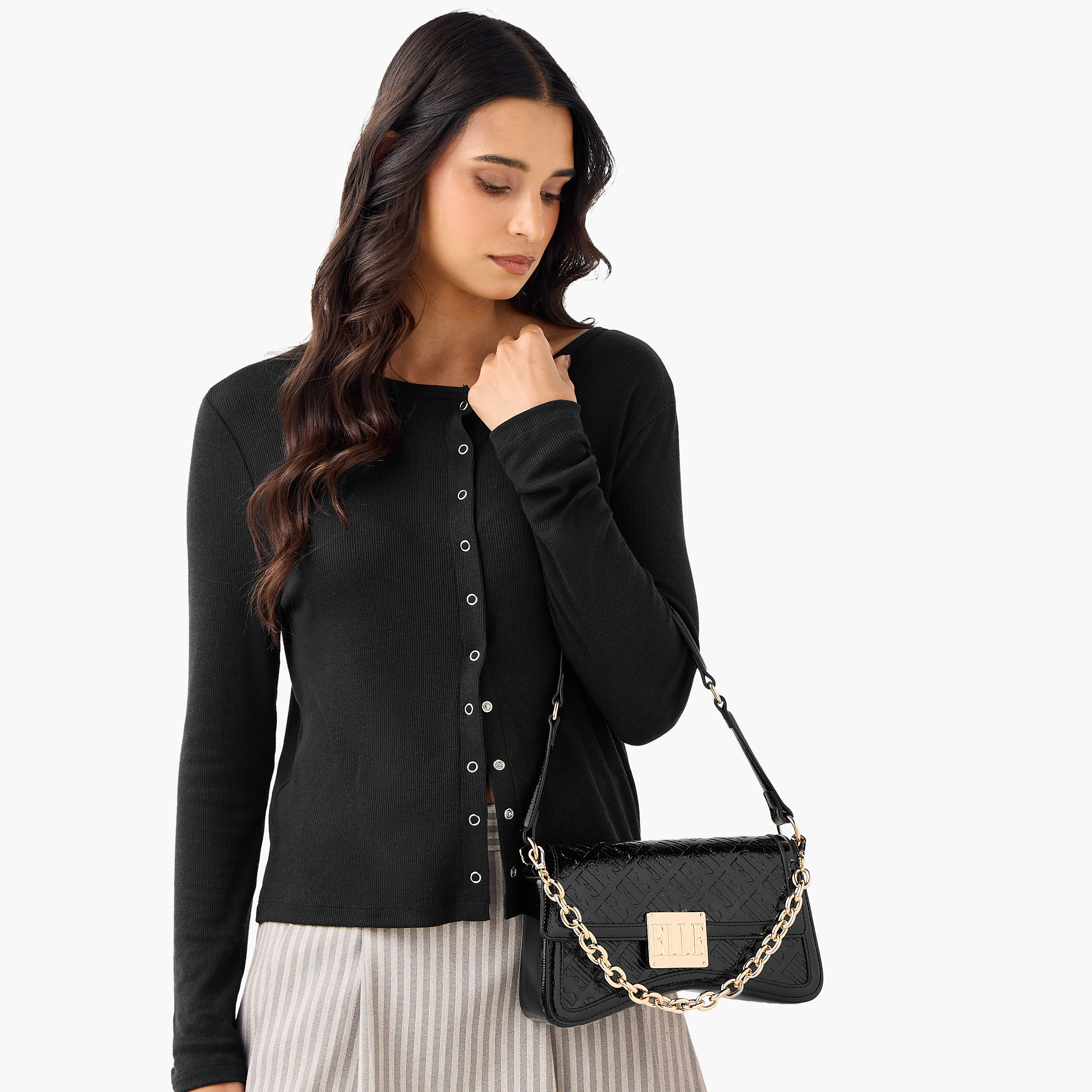 شنطة كتف بنقوش مونوجرام وزر إغلاق من إيل-women-bagsandwallets-handbags-image-3
