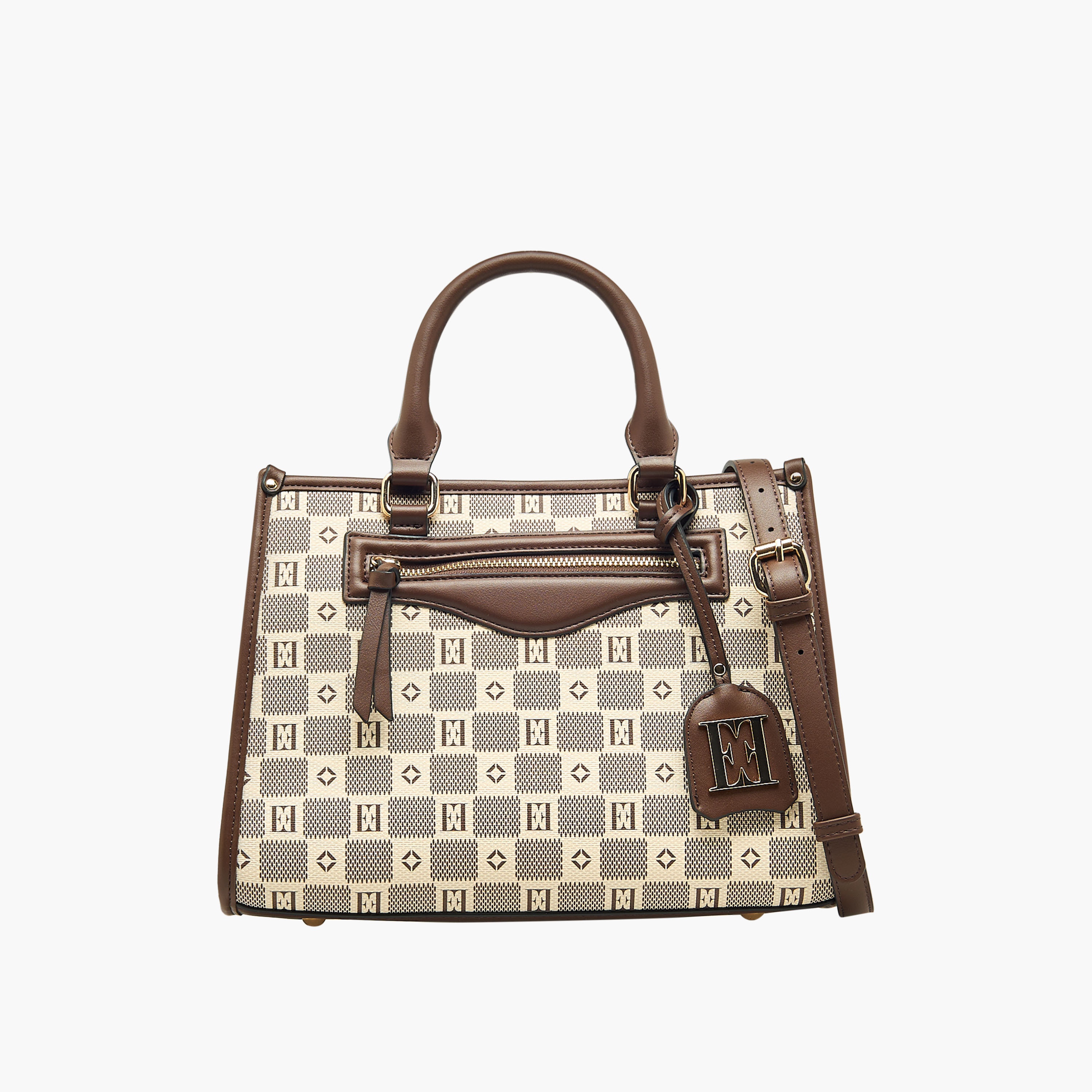 Elle Monogram Print Tote Bag with Double Handle and Zip Closure-women-bagsandwallets-handbags-image-1