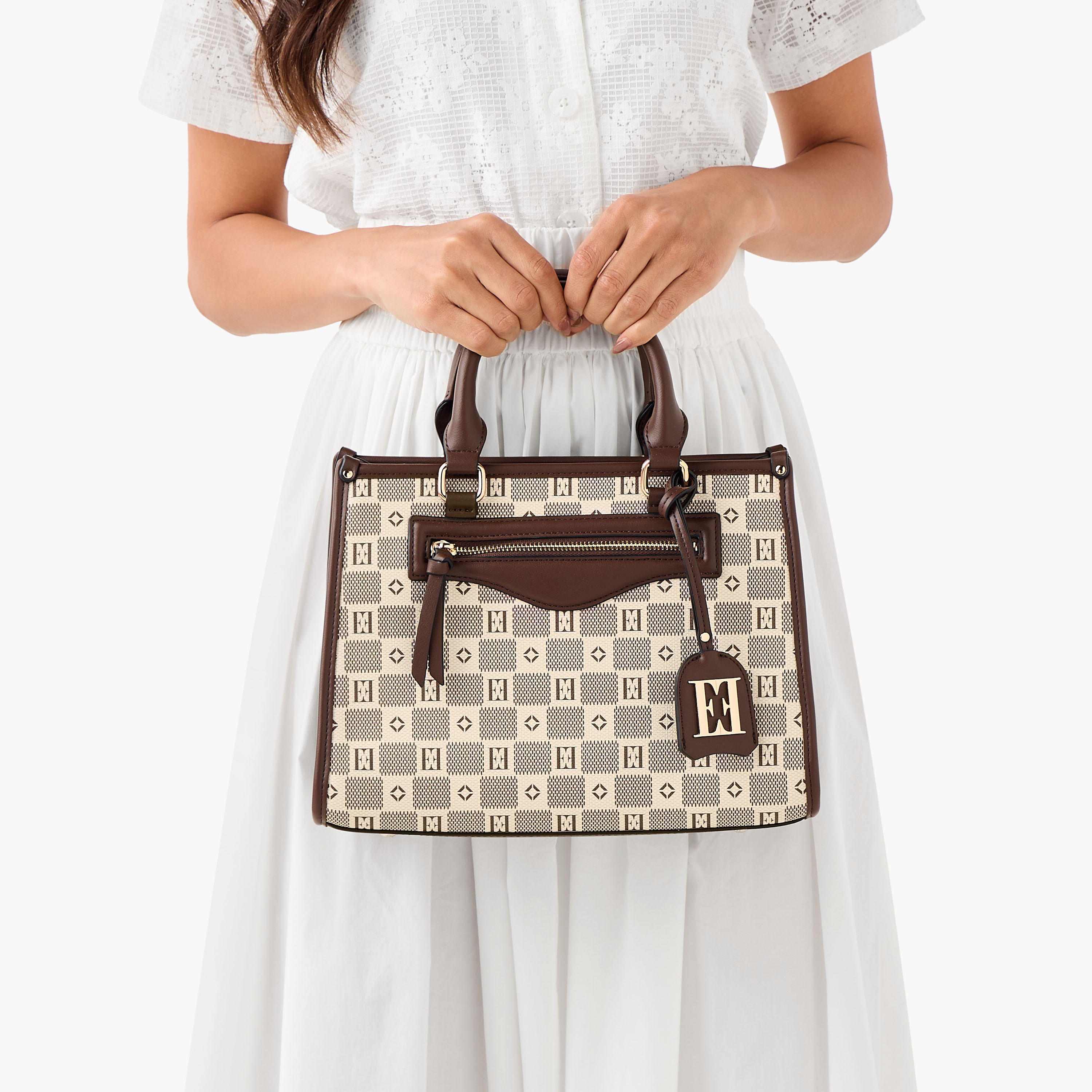 Elle Monogram Print Tote Bag with Double Handle and Zip Closure-women-bagsandwallets-handbags-image-3