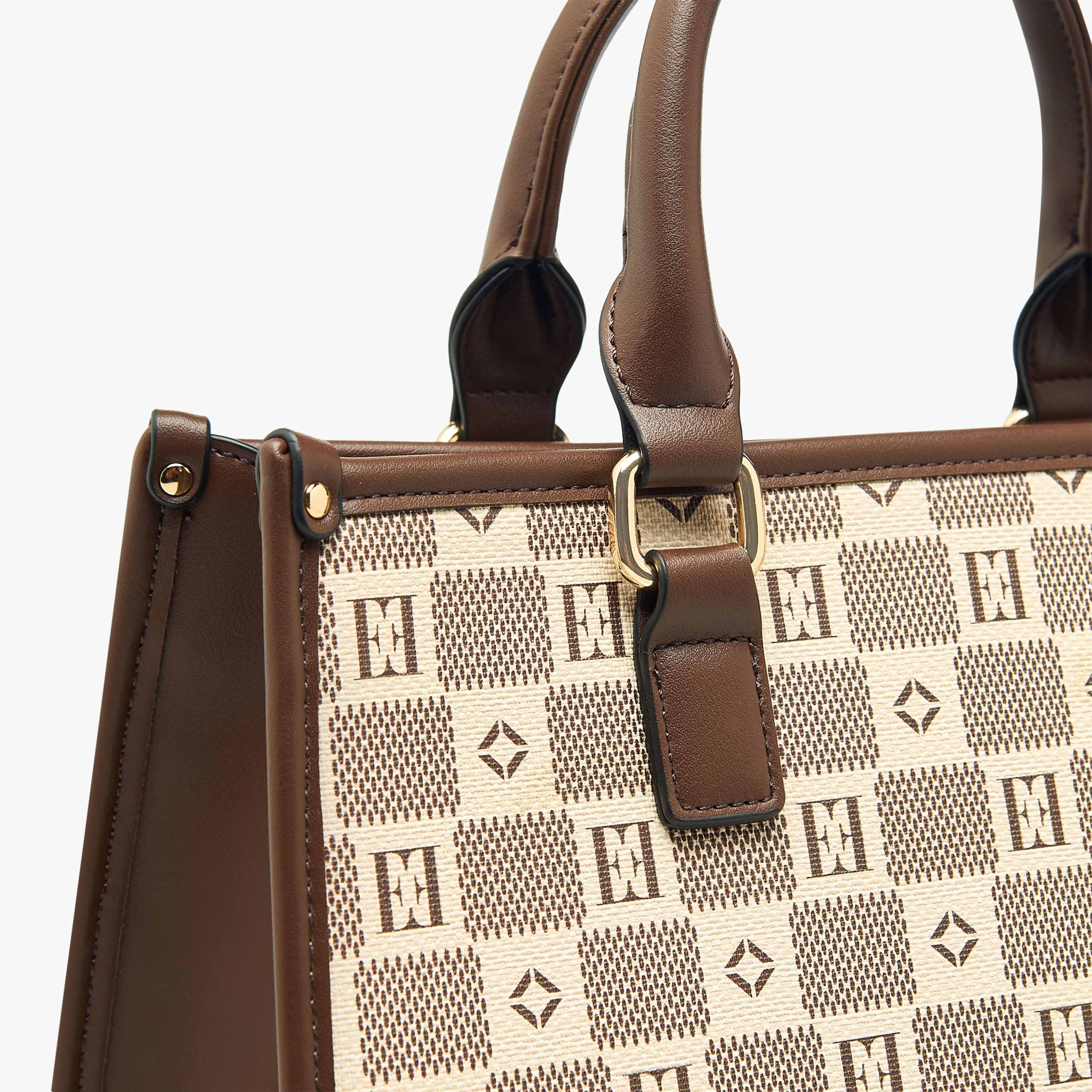 Elle Monogram Print Tote Bag with Double Handle and Zip Closure-women-bagsandwallets-handbags-image-7