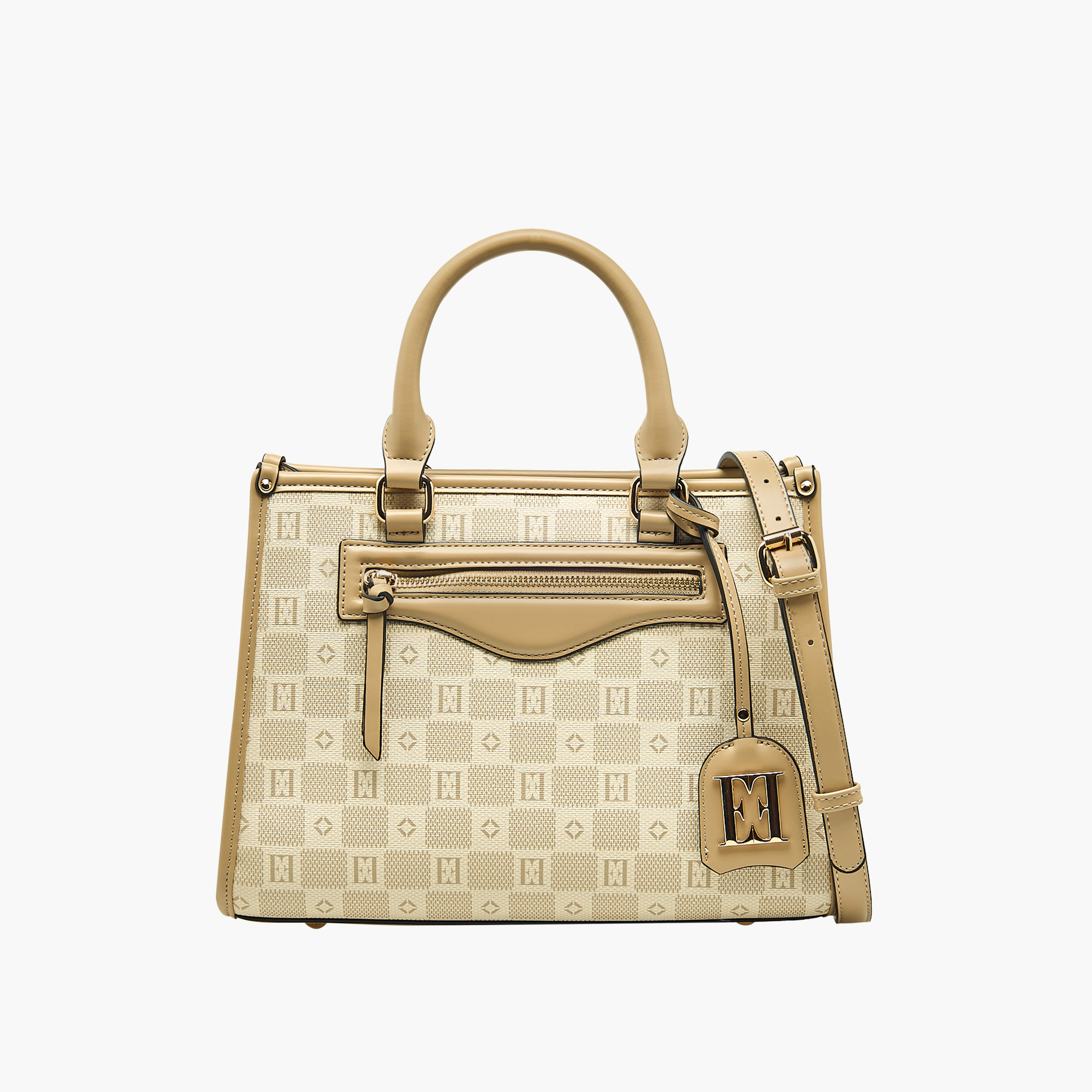 Elle Monogram Print Tote Bag with Double Handle and Zip Closure-women-bagsandwallets-handbags-image-1