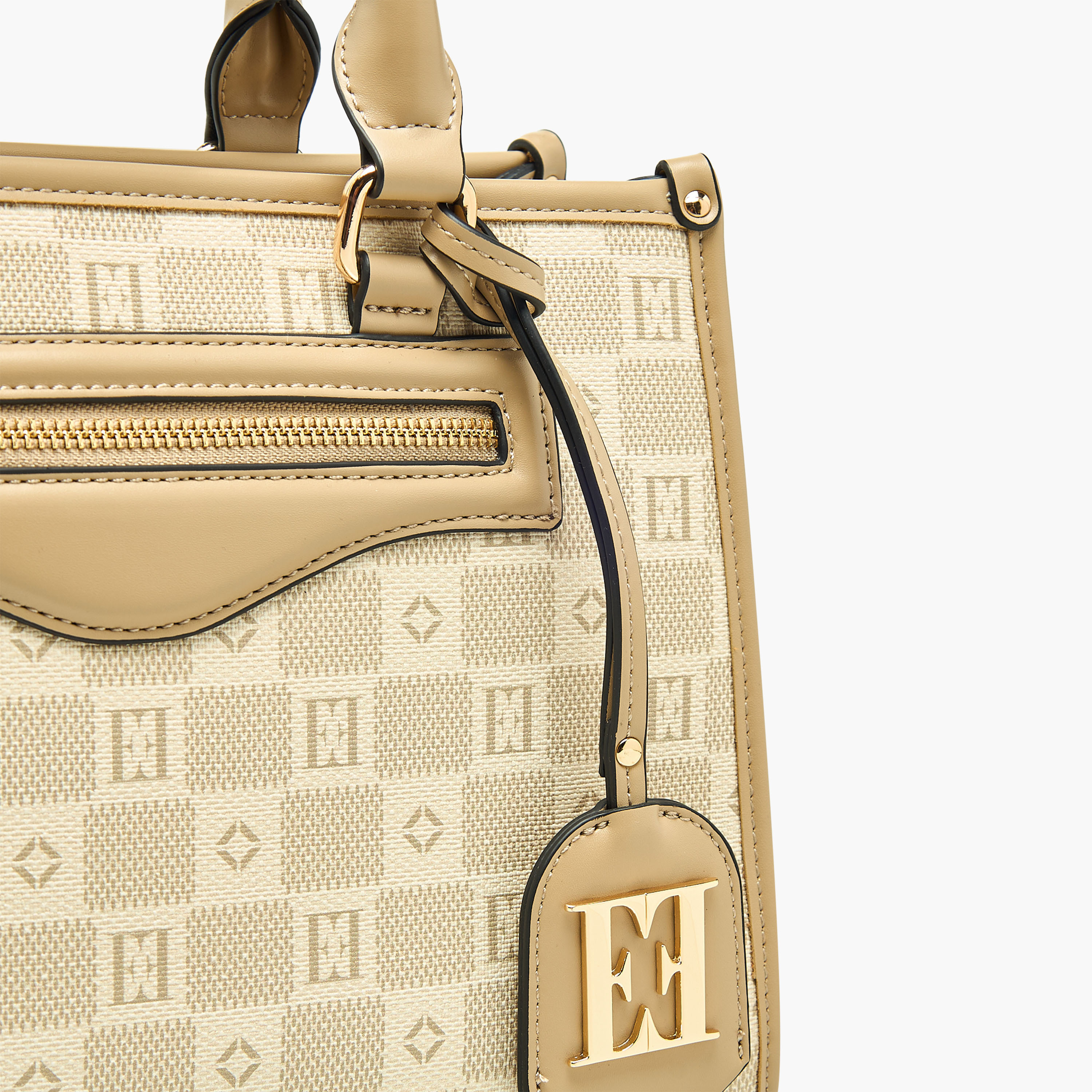 Elle Monogram Print Tote Bag with Double Handle and Zip Closure-women-bagsandwallets-handbags-image-6