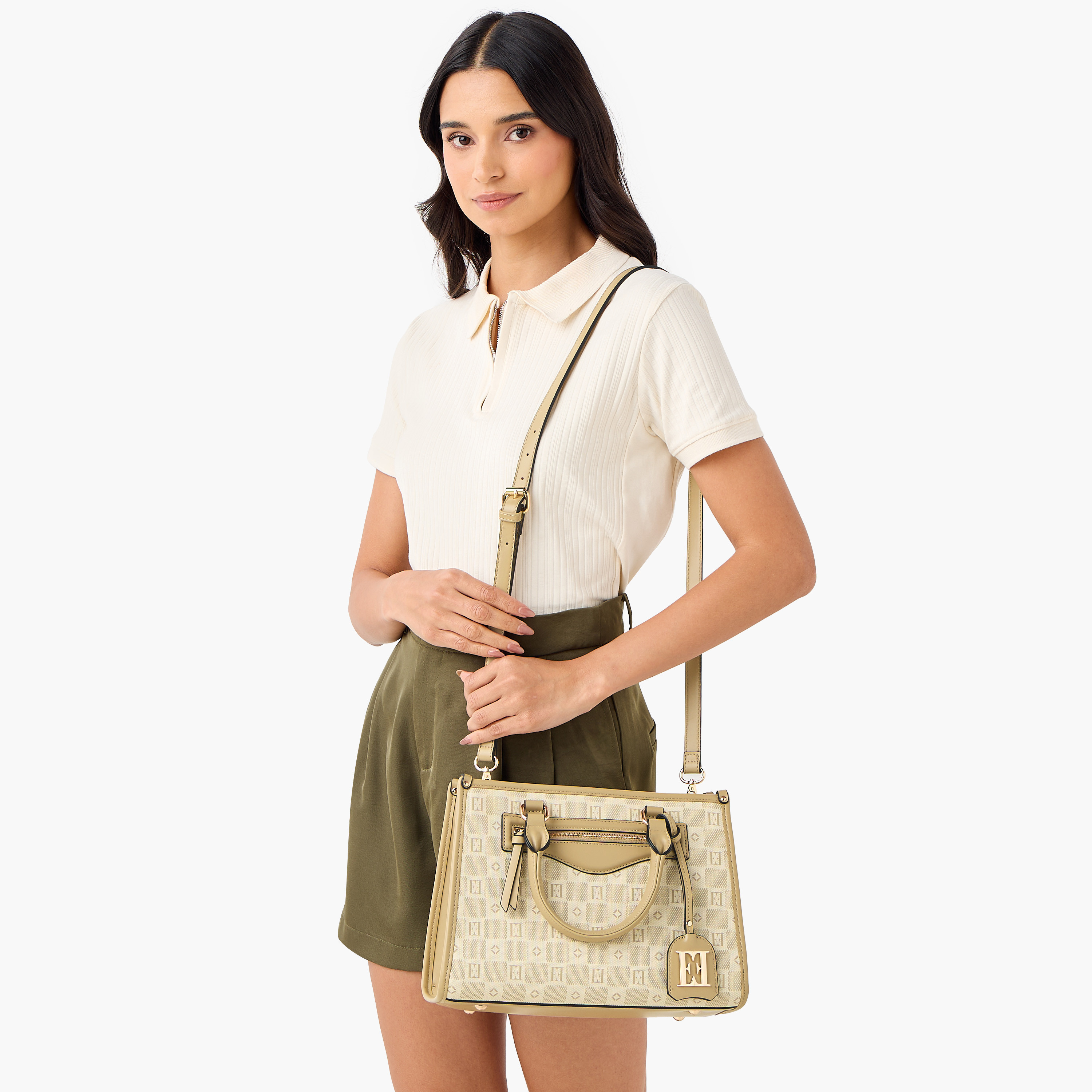 Elle Monogram Print Tote Bag with Double Handle and Zip Closure-women-bagsandwallets-handbags-image-9