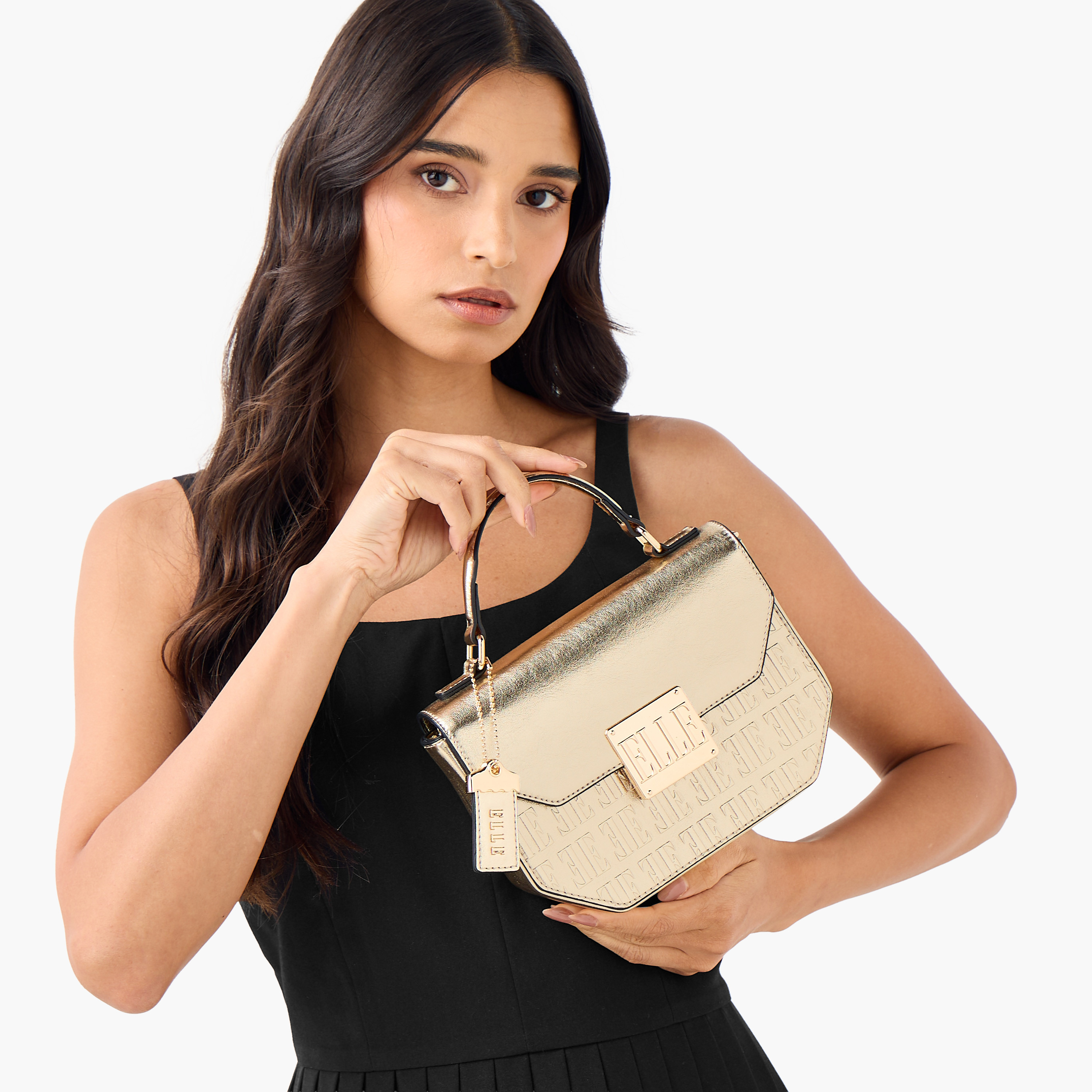 Elle Monogram Embossed Satchel Bag with Grab Handle and Button Closure-women-bagsandwallets-handbags-image-8