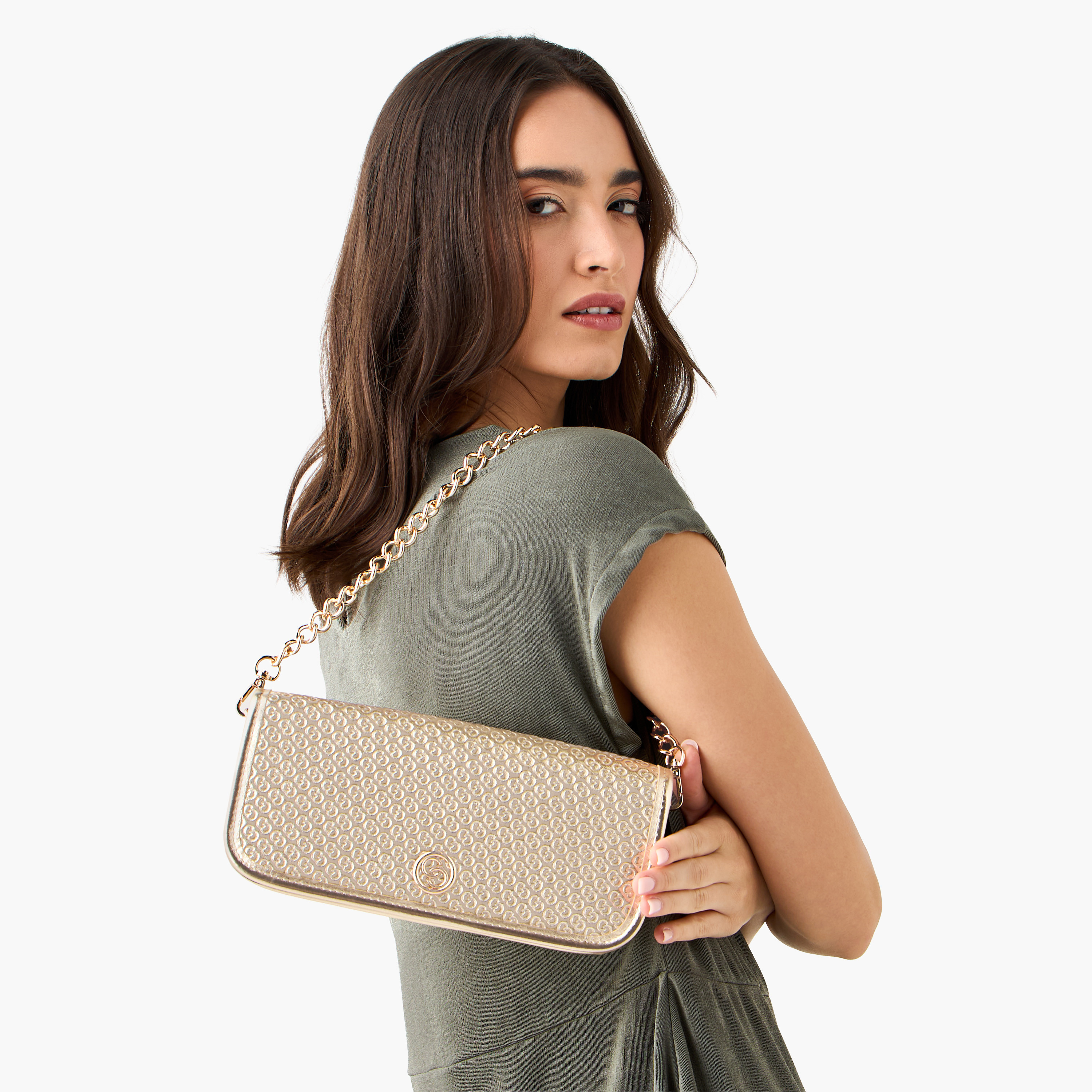 شنطة كتف بنقوش مونوجرام بارزة وحزام سلسلة من سيليست-women-bagsandwallets-handbags-image-9