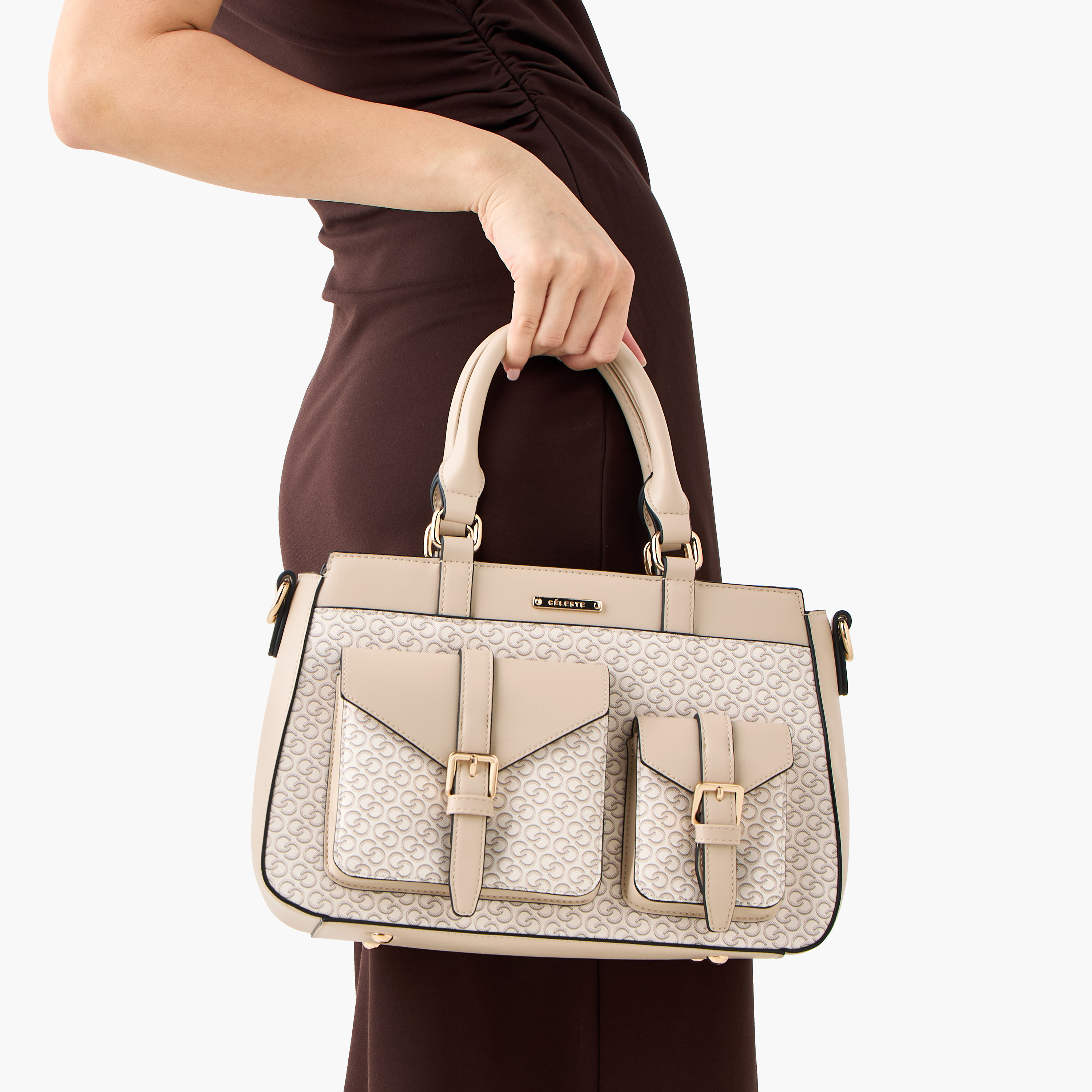 Celeste Monogram Print Tote Bag with Detachable Strap and Zip Closure-women-bagsandwallets-handbags-image-9