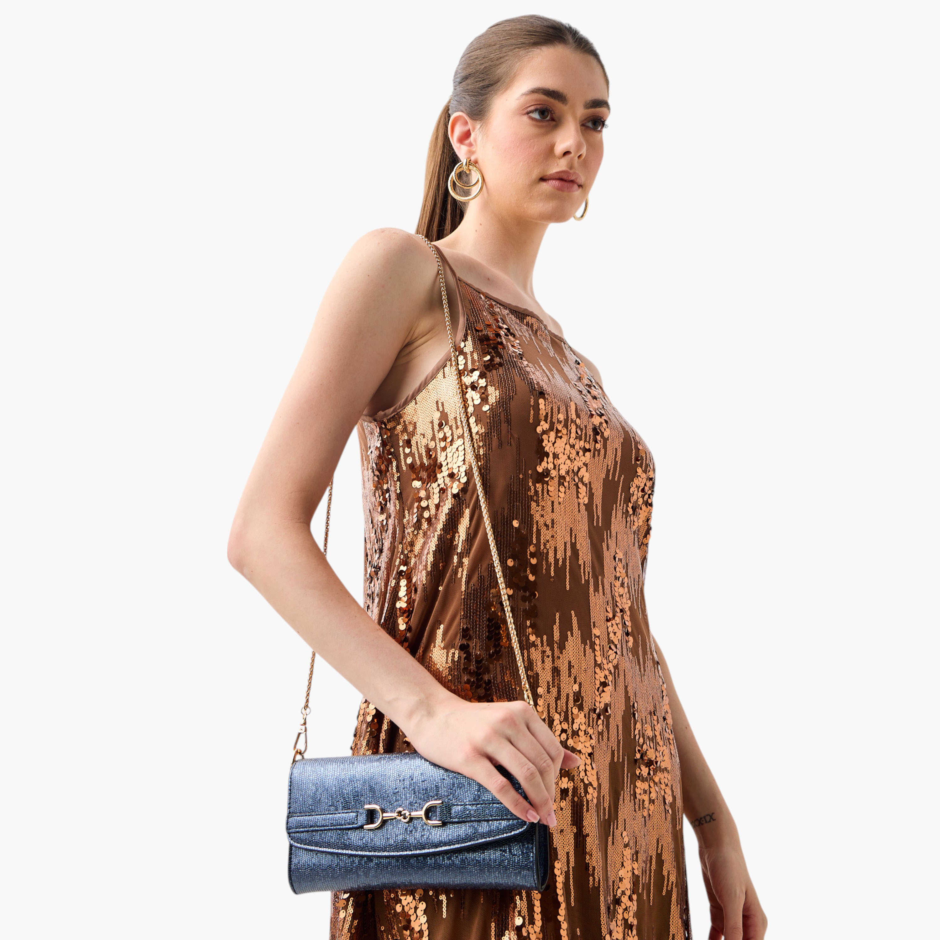 Celeste Metallic Textured Crossbody Bag with Chain Strap and Button Closure-women-bagsandwallets-handbags-image-2