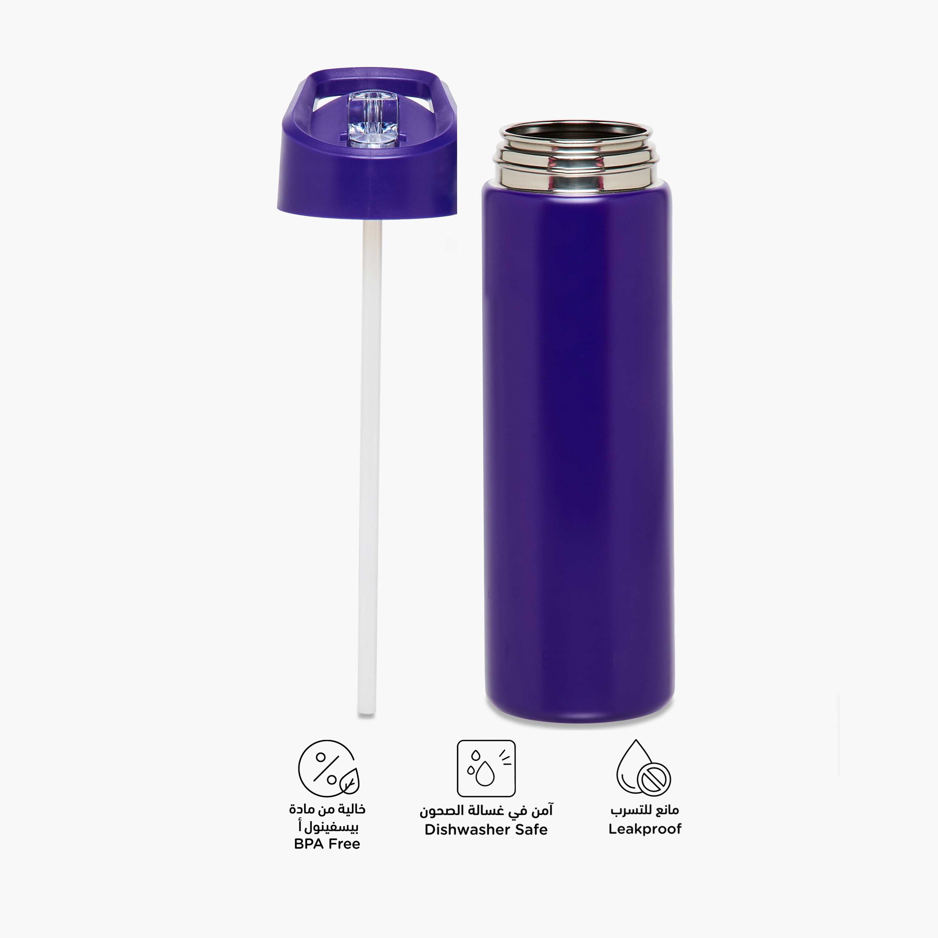 قارورة ماء ستانلس ستيل سادة بقشّة وغطاء مانع للتسريب من سماش - 750 مل-school-waterbottles-image-2