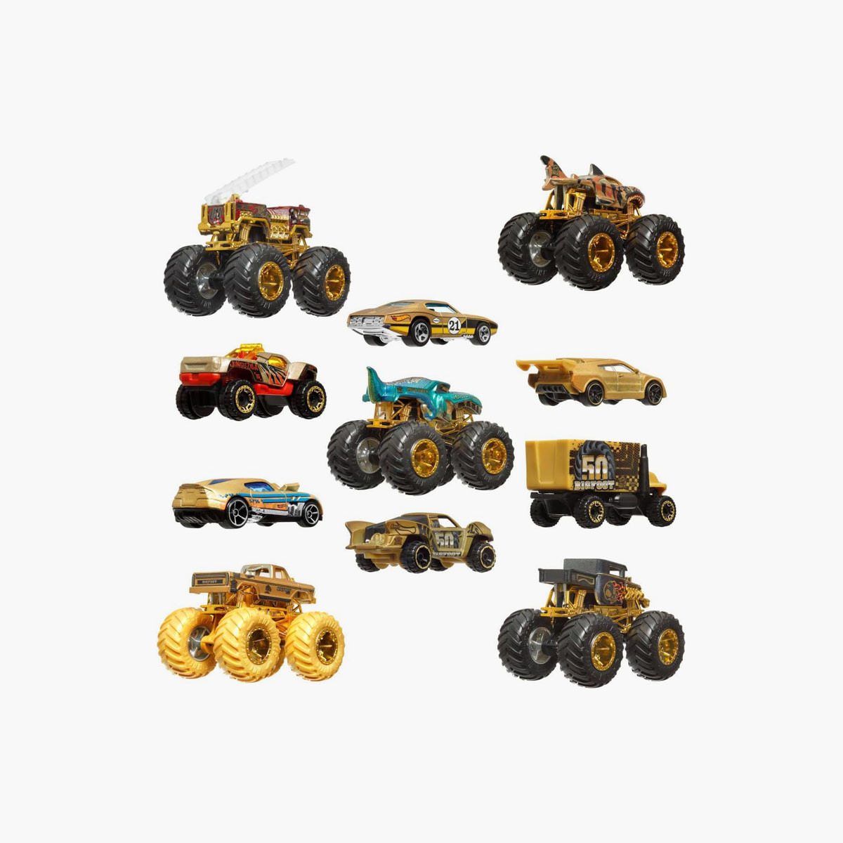مجموعة سيارات وشاحنات مونستر تروفي تشامبيونز مع شاحنة بيج فوت مصبوبة من هوت ويلز-toys-playvehicles-vehicleplaysets-image-1