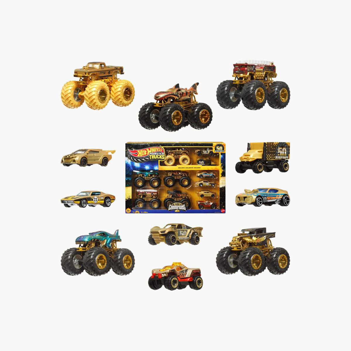 مجموعة سيارات وشاحنات مونستر تروفي تشامبيونز مع شاحنة بيج فوت مصبوبة من هوت ويلز-toys-playvehicles-vehicleplaysets-image-2