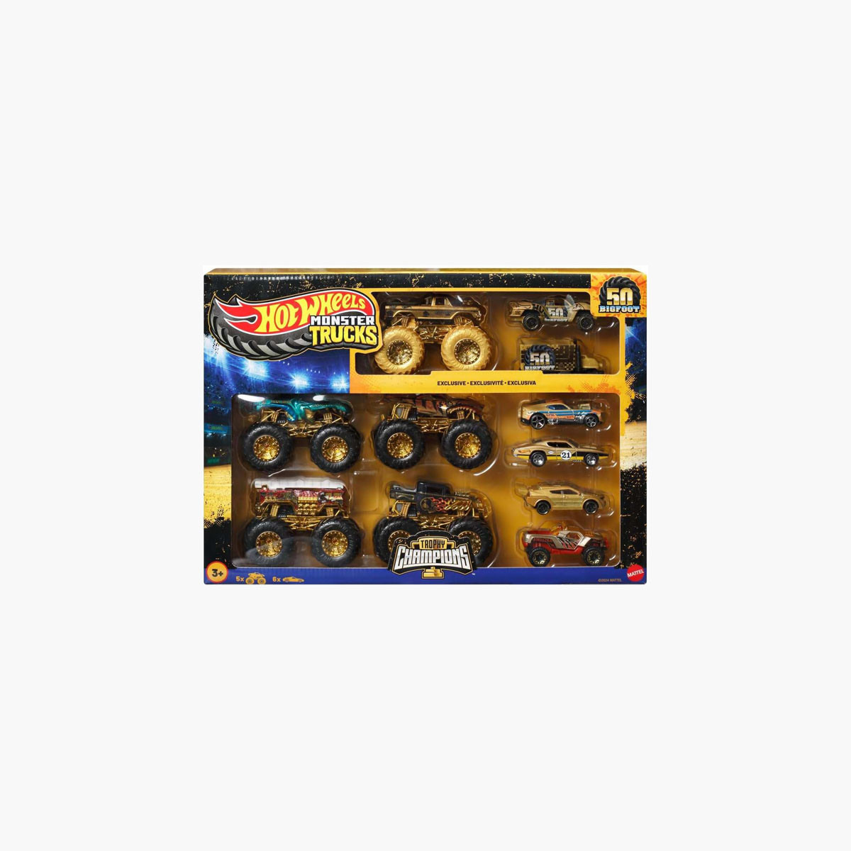مجموعة سيارات وشاحنات مونستر تروفي تشامبيونز مع شاحنة بيج فوت مصبوبة من هوت ويلز-toys-playvehicles-vehicleplaysets-image-5