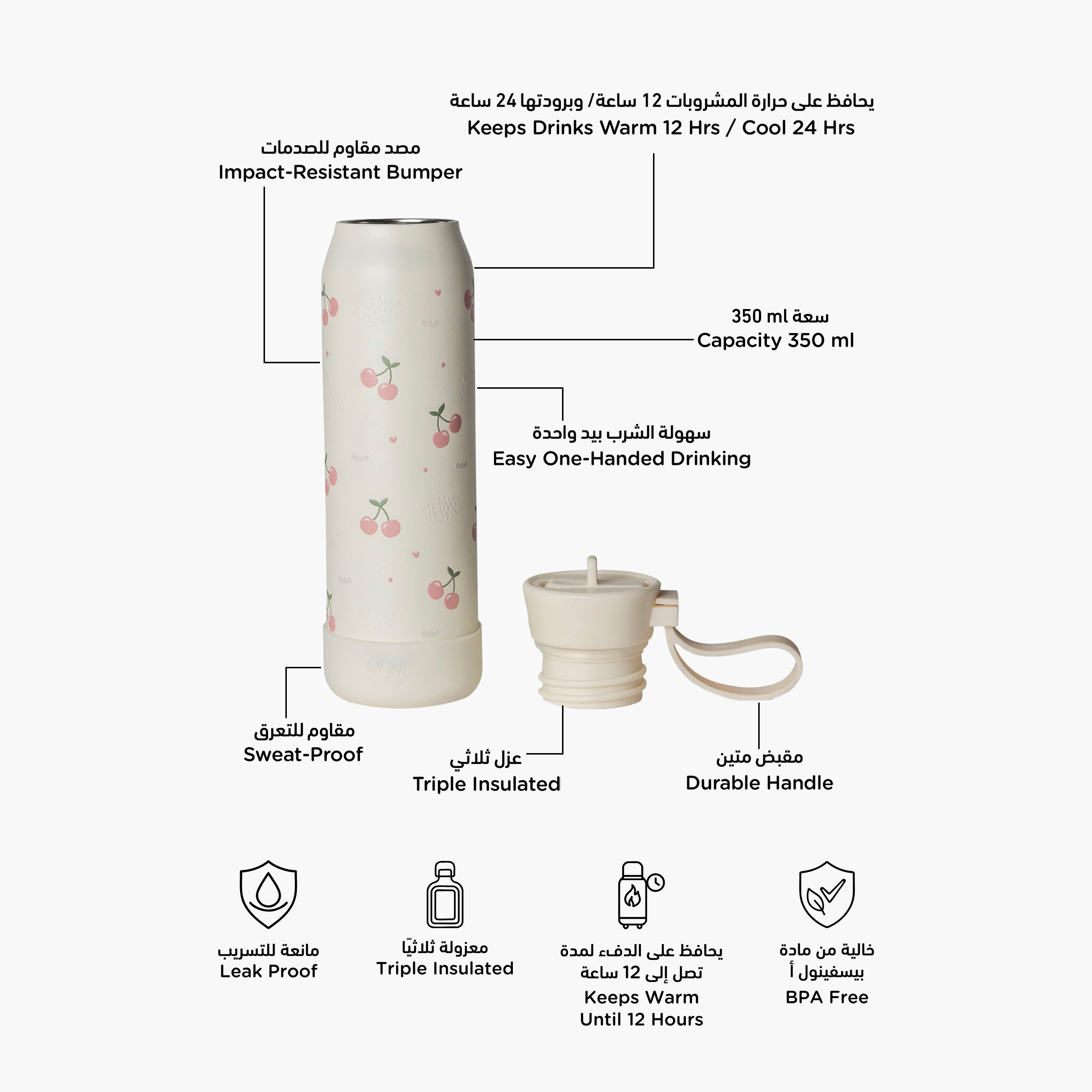 Citron Cherry Print Triple Wall Insulated Water Bottle - 350 ml-school-waterbottles-image-2