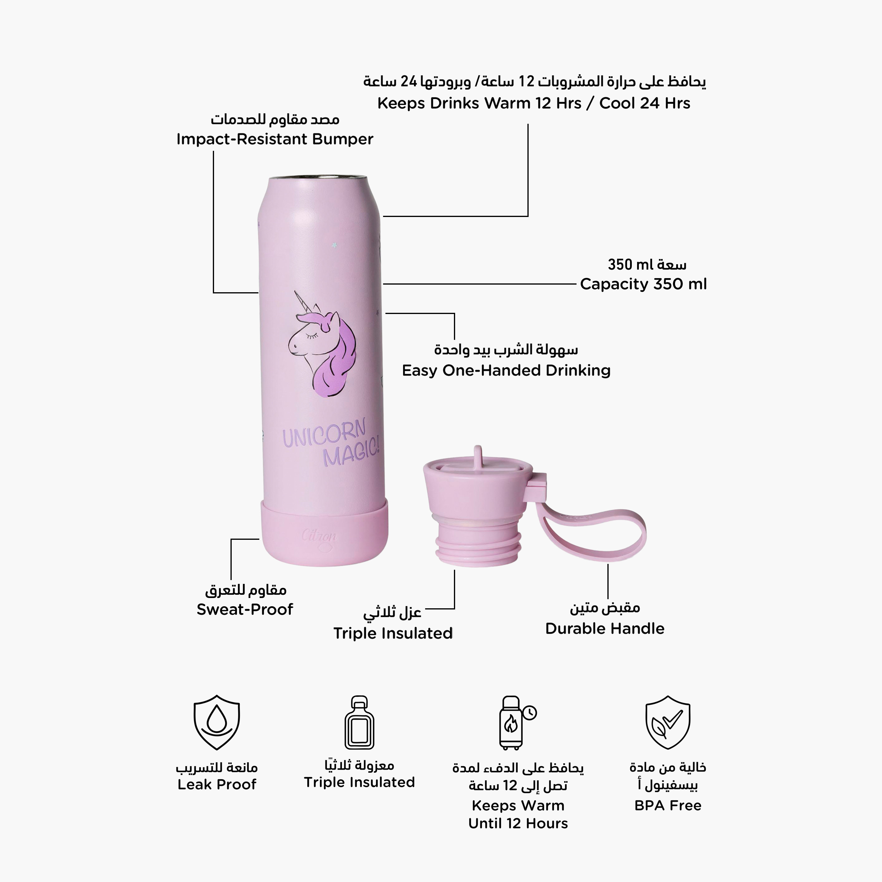 قارورة مياه عازلة بجدار ثلاثي وطبعات يونيكورن من سيترون - 350 مل-school-waterbottles-image-2