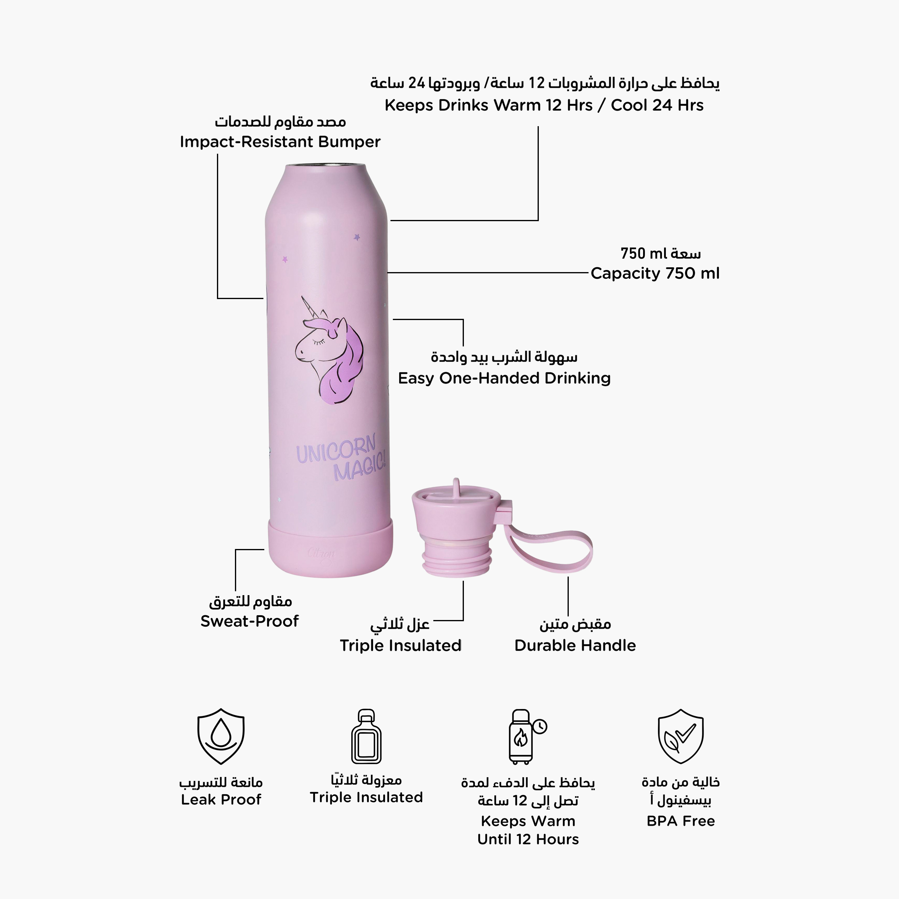 Citron Unicorn Print Insulated Water Bottle - 750 ml-school-waterbottles-image-2