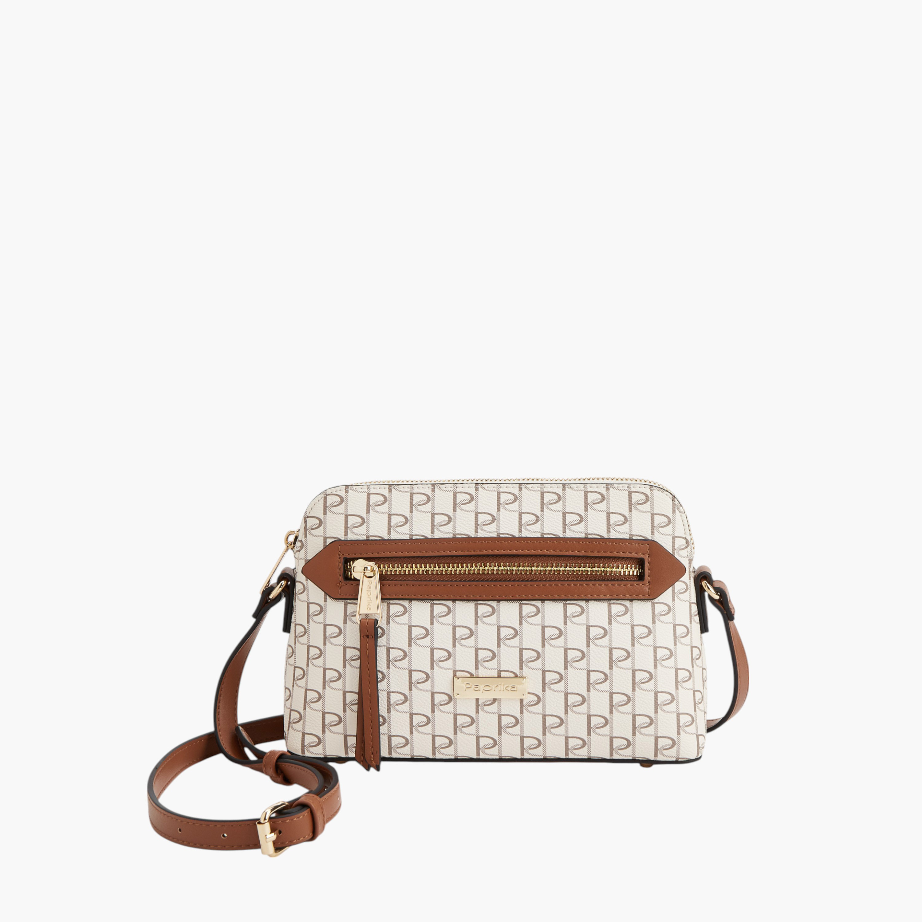 Paprika Monogram Print Crossbody Bag with Adjustable Strap and Zip Closure-women-bagsandwallets-handbags-image-1