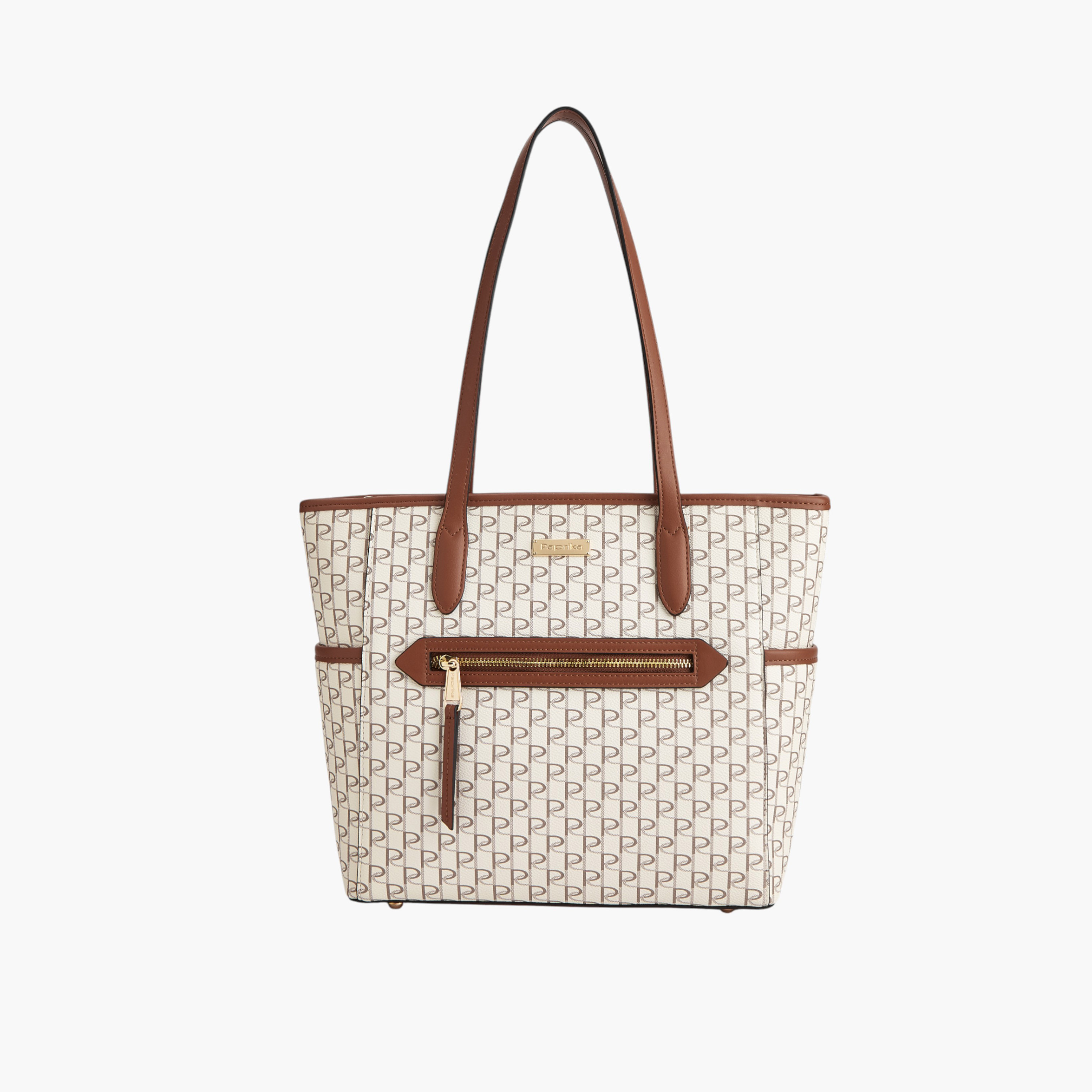 Paprika Monogram Print Tote Bag with Double Handle and Zip Closure-women-bagsandwallets-handbags-image-1