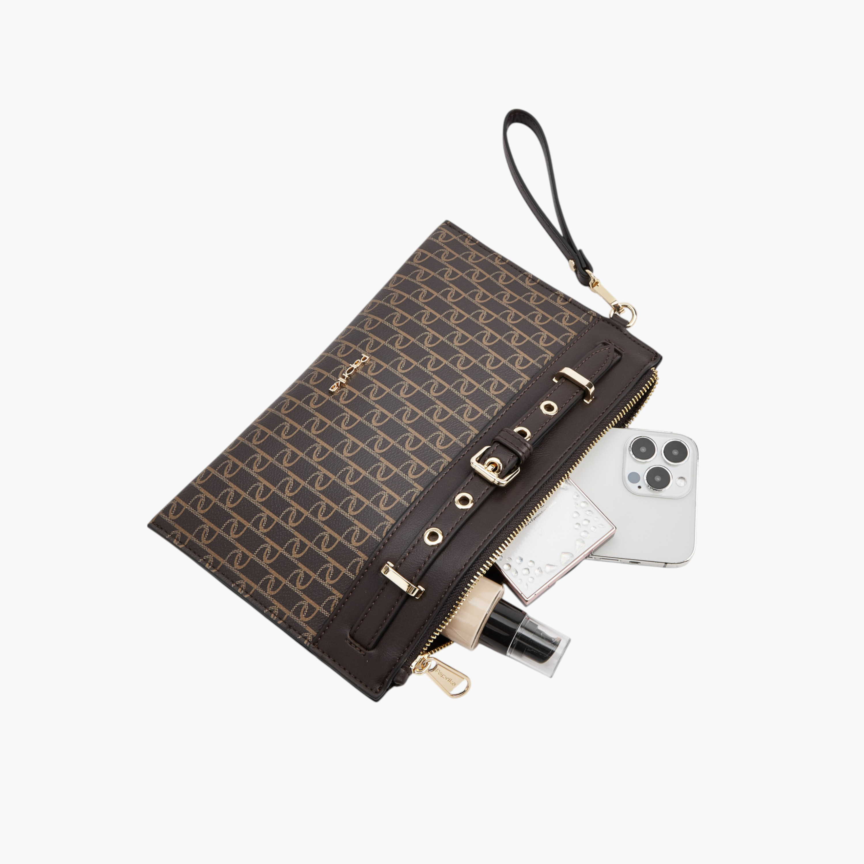Paprika Monogram Print Clutch with Wristlet Strap and Zip Closure-women-bagsandwallets-handbags-image-7