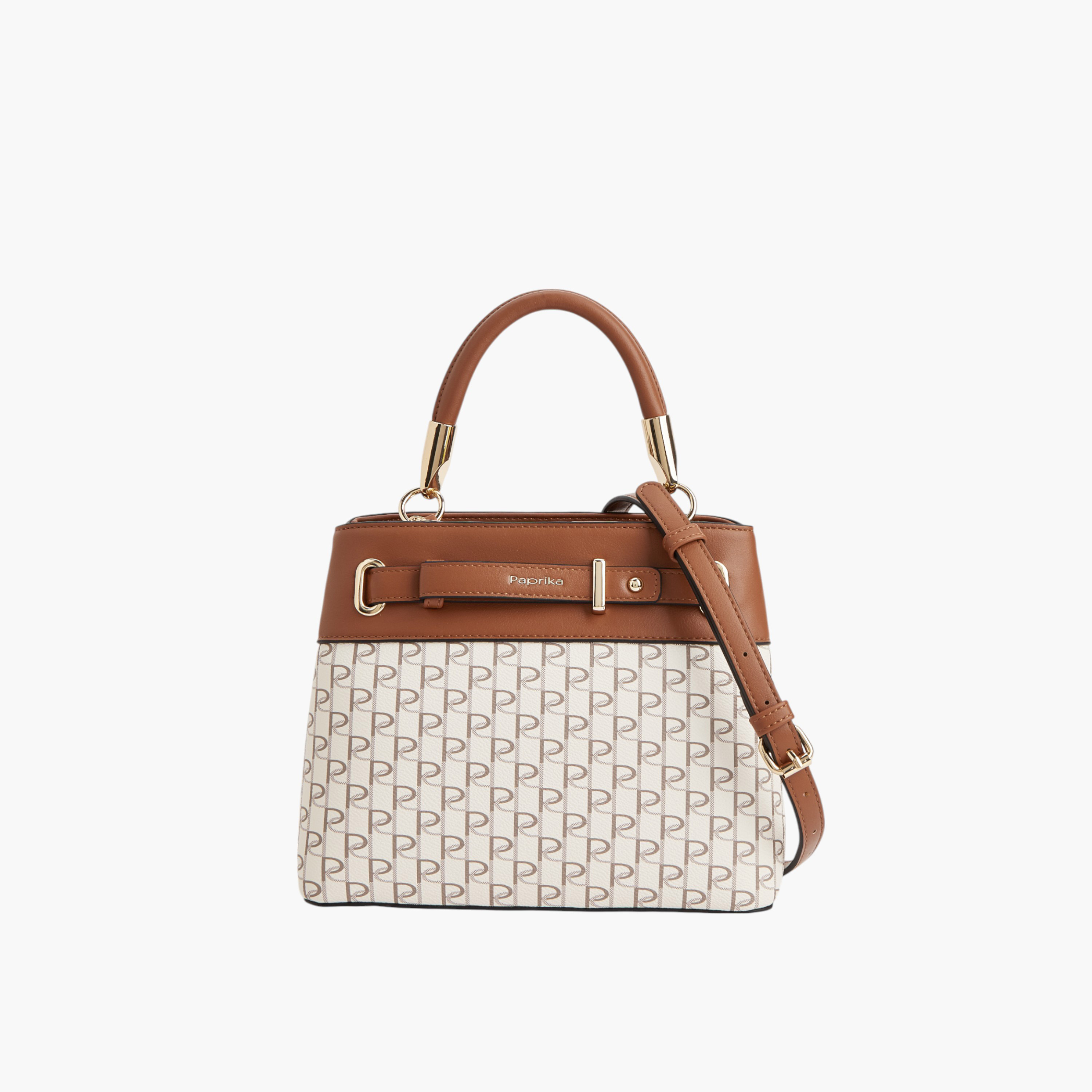 Paprika Monogram Print Tote Bag with Detachable Strap and Zip Closure-women-bagsandwallets-handbags-image-1