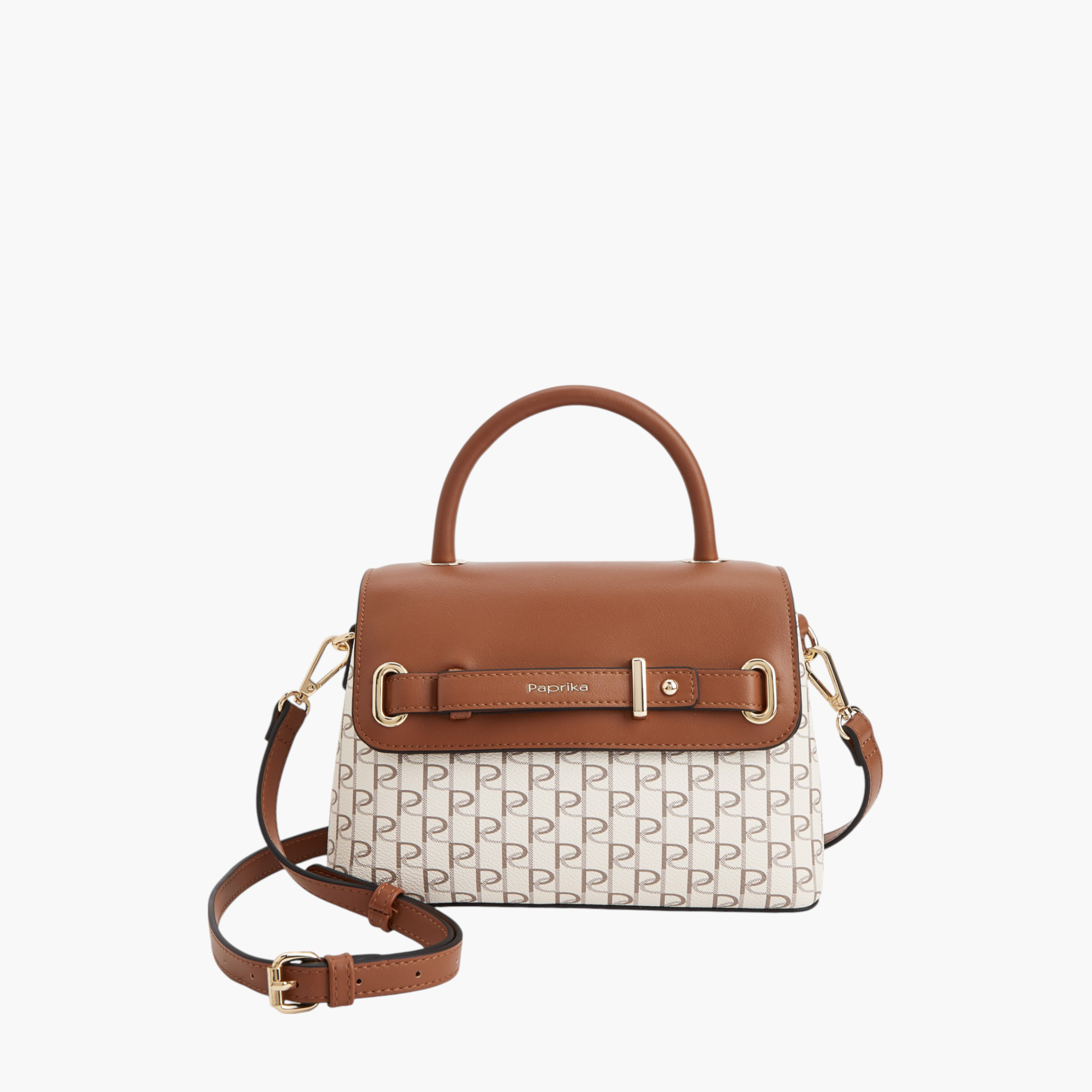 Paprika Monogram Print Satchel Bag with Detachable Strap and Buckle Accent-women-bagsandwallets-handbags-image-1