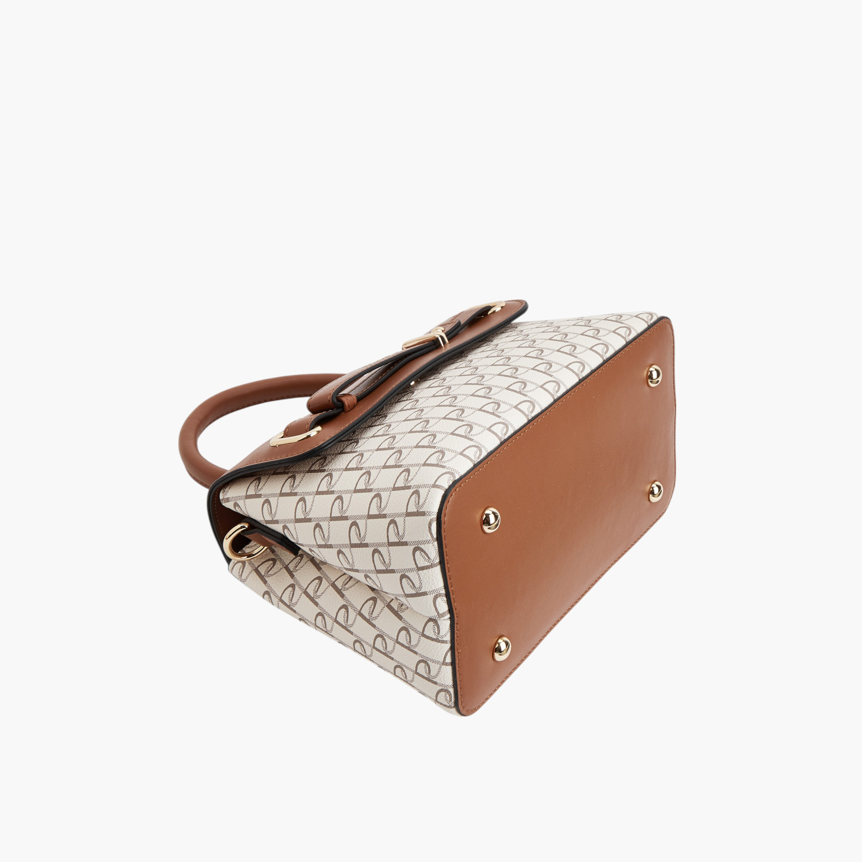 Paprika Monogram Print Satchel Bag with Detachable Strap and Buckle Accent-women-bagsandwallets-handbags-image-4