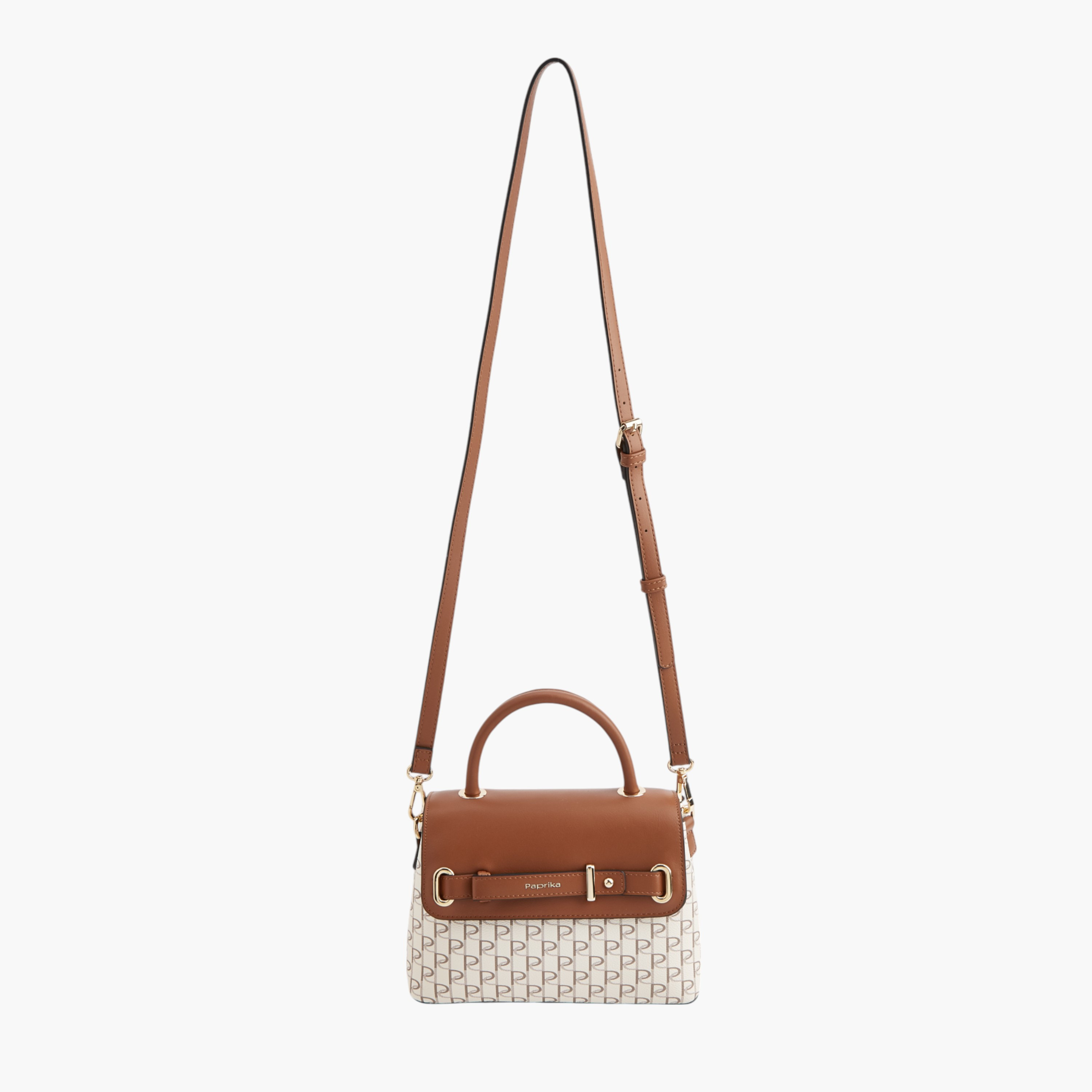 Paprika Monogram Print Satchel Bag with Detachable Strap and Buckle Accent-women-bagsandwallets-handbags-image-5