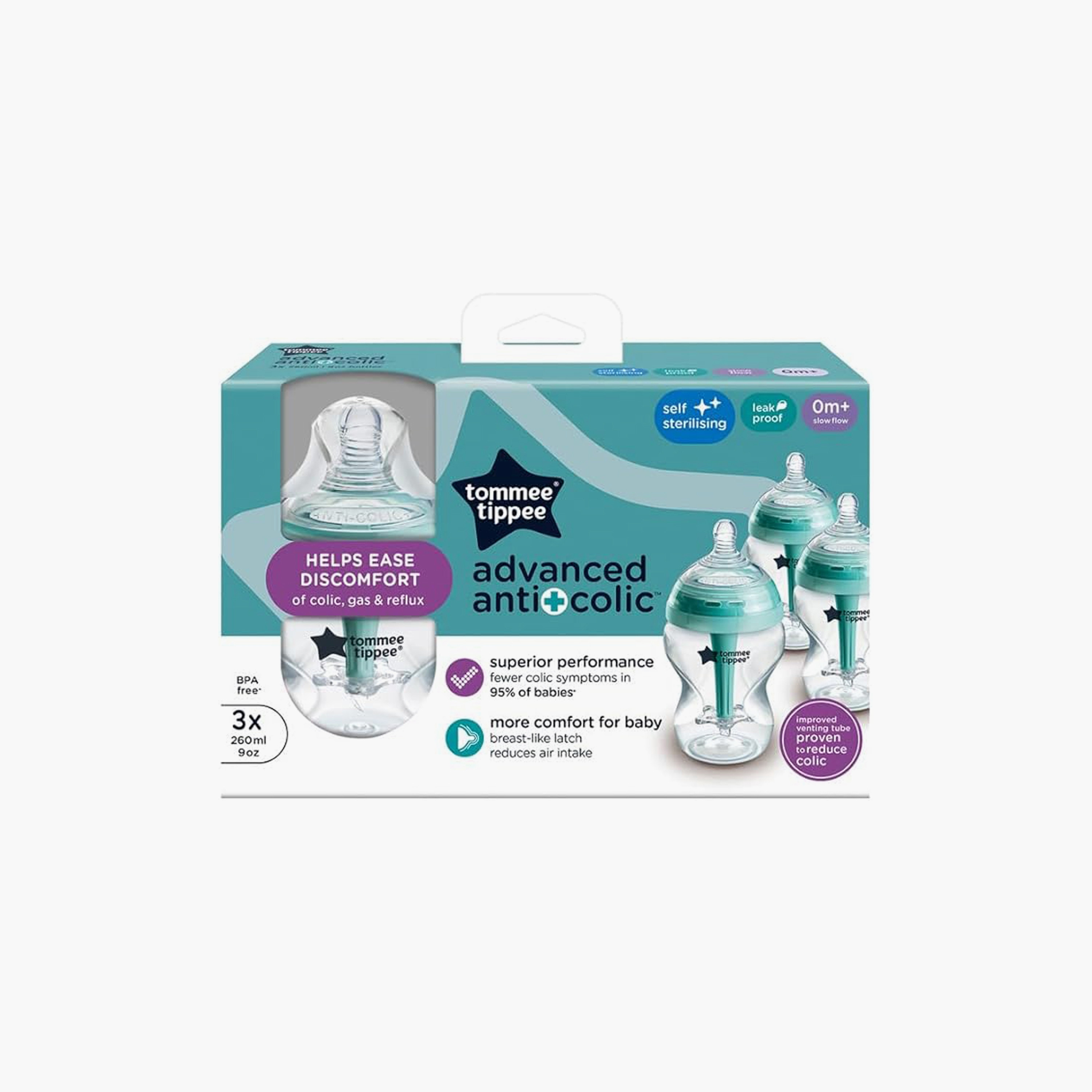 Tommee Tippee 3-Piece Slow Flow Advanced Anti-Colic Baby Bottle - 260ml-baby-feeding-feedingbottles-bottlesandteats-image-2