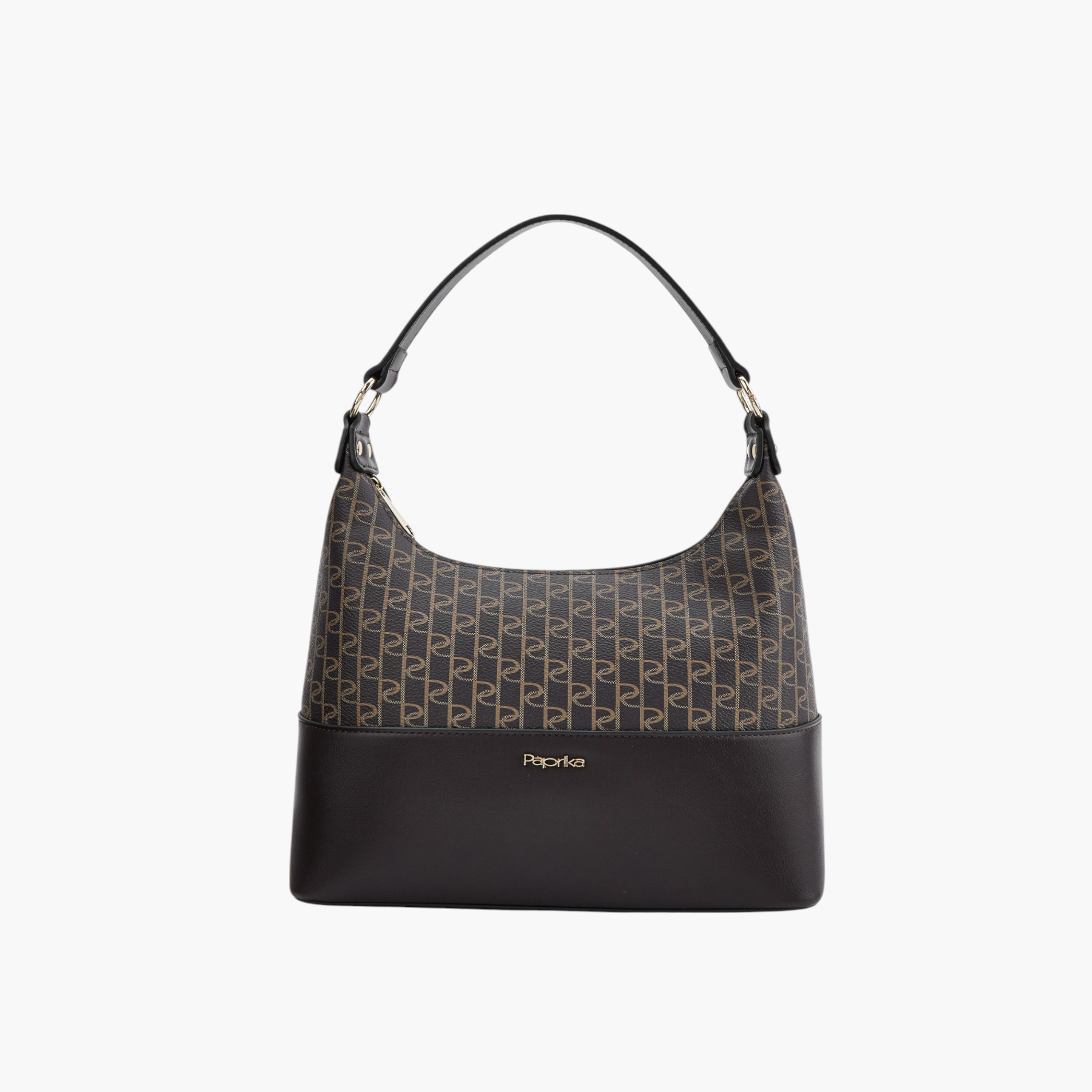 Paprika Monogram Print Shoulder Bag with Detachable Strap and Zip Closure-women-bagsandwallets-handbags-image-1