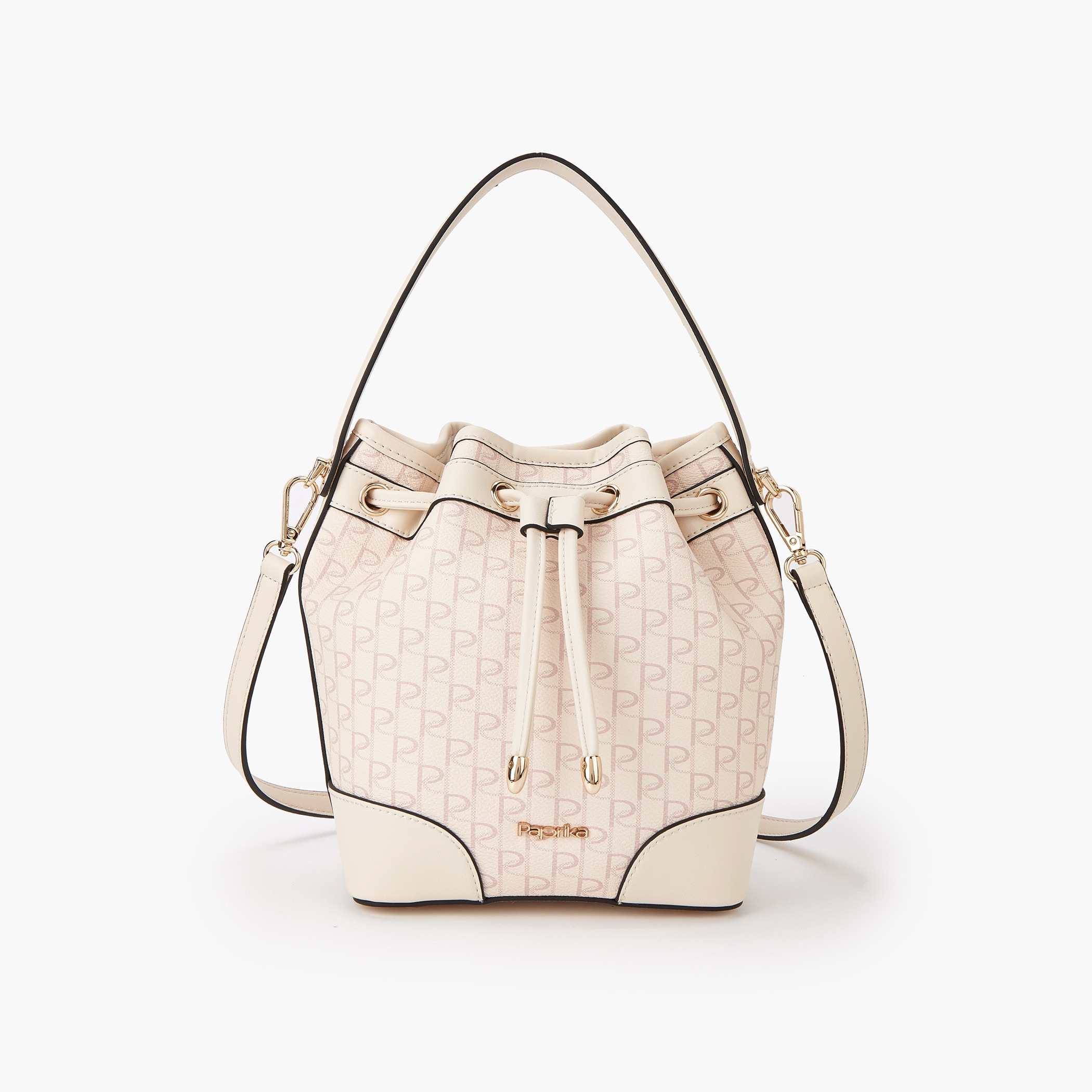 Paprika Monogram Print Bucket Bag with Detachable Strap and Drawstring Closure-women-bagsandwallets-handbags-image-1
