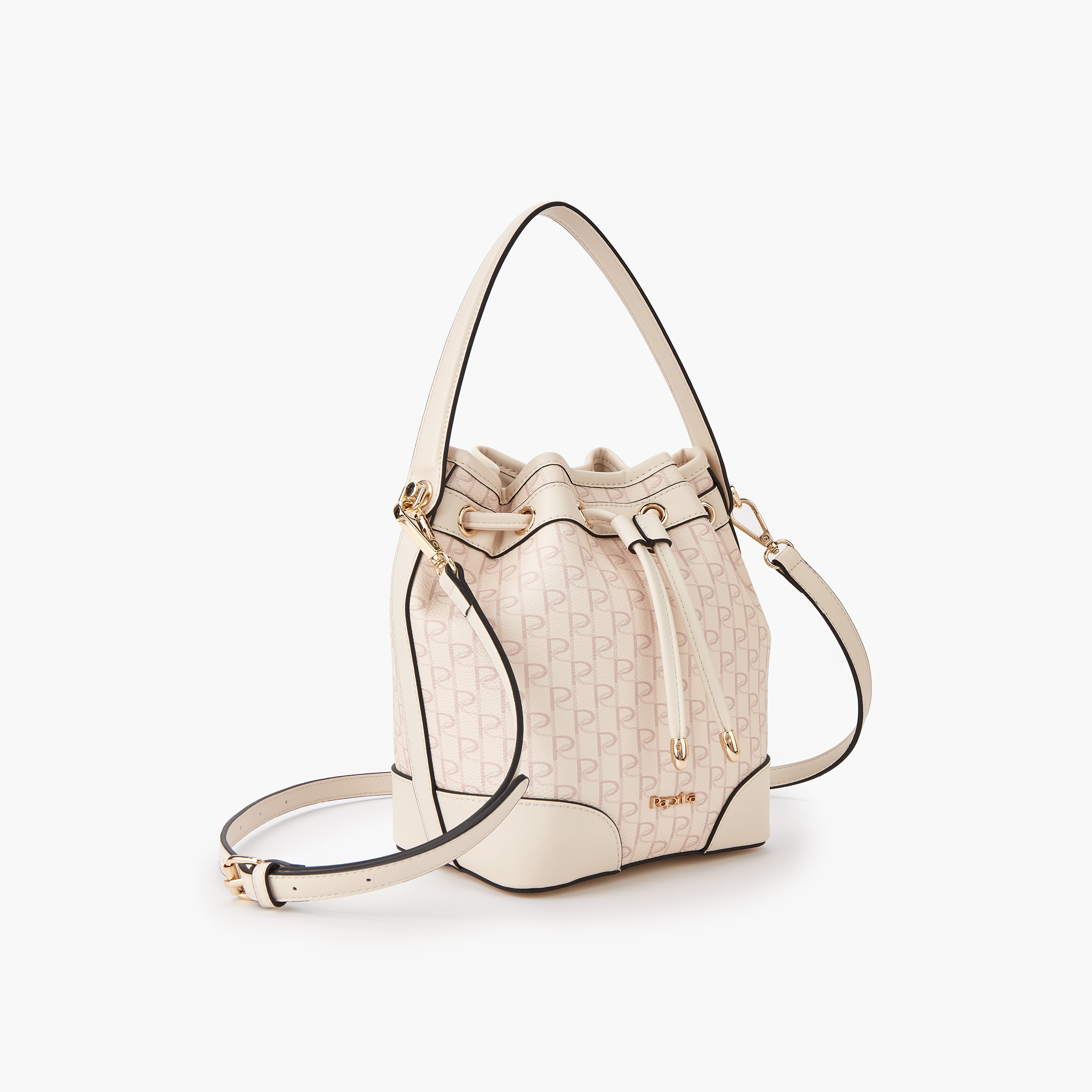 Paprika Monogram Print Bucket Bag with Detachable Strap and Drawstring Closure-women-bagsandwallets-handbags-image-2