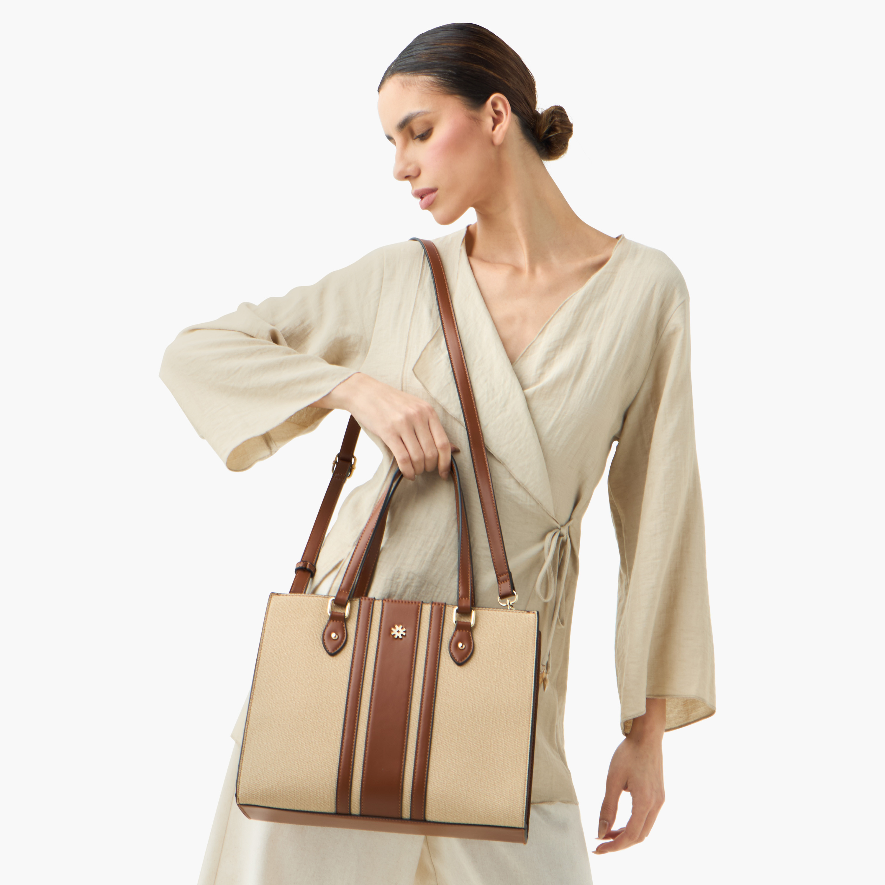Sasha Textured Tote Bag with Double Handles and Zip Closure-women-bagsandwallets-handbags-image-8