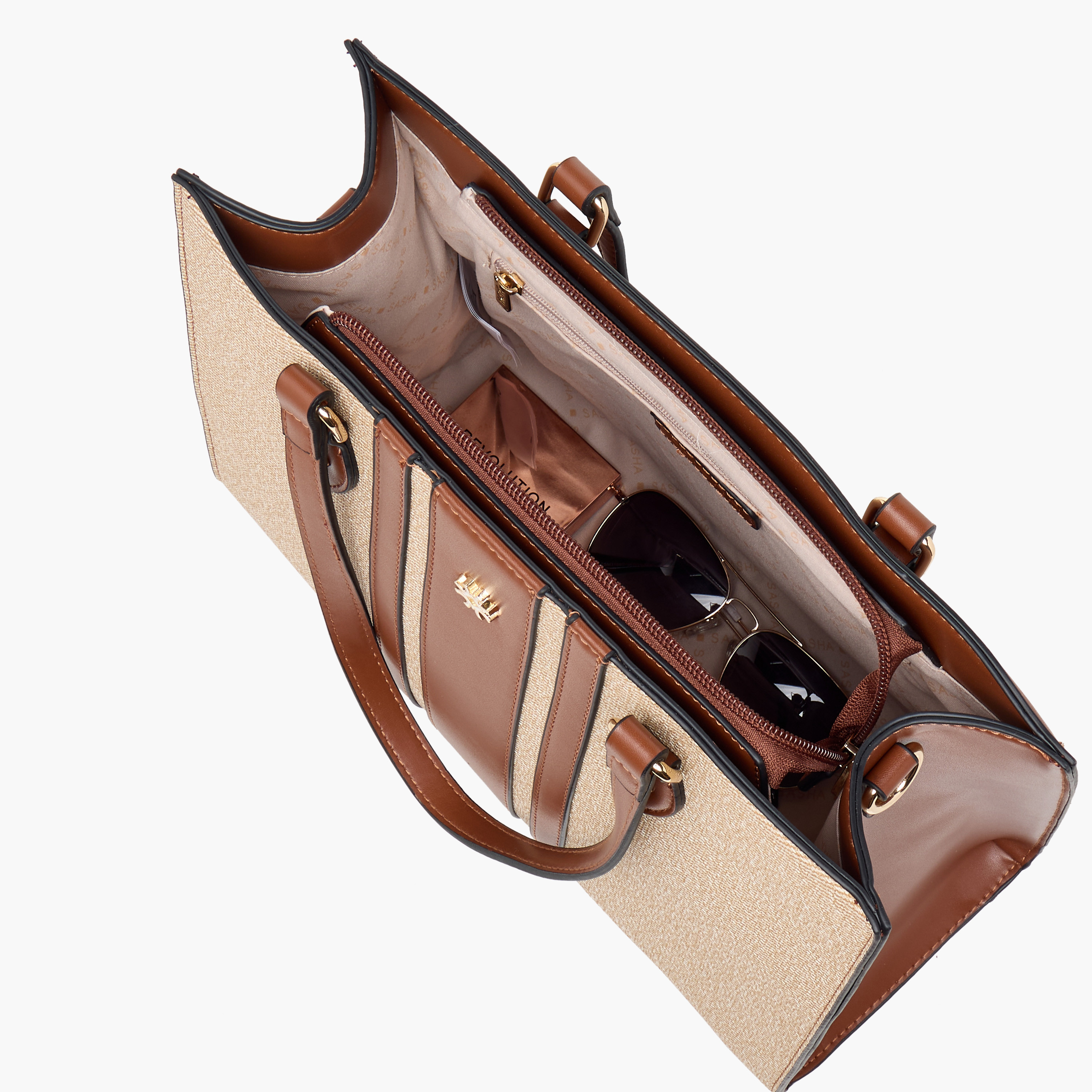 Sasha Textured Tote Bag with Double Handles and Zip Closure-women-bagsandwallets-handbags-image-9