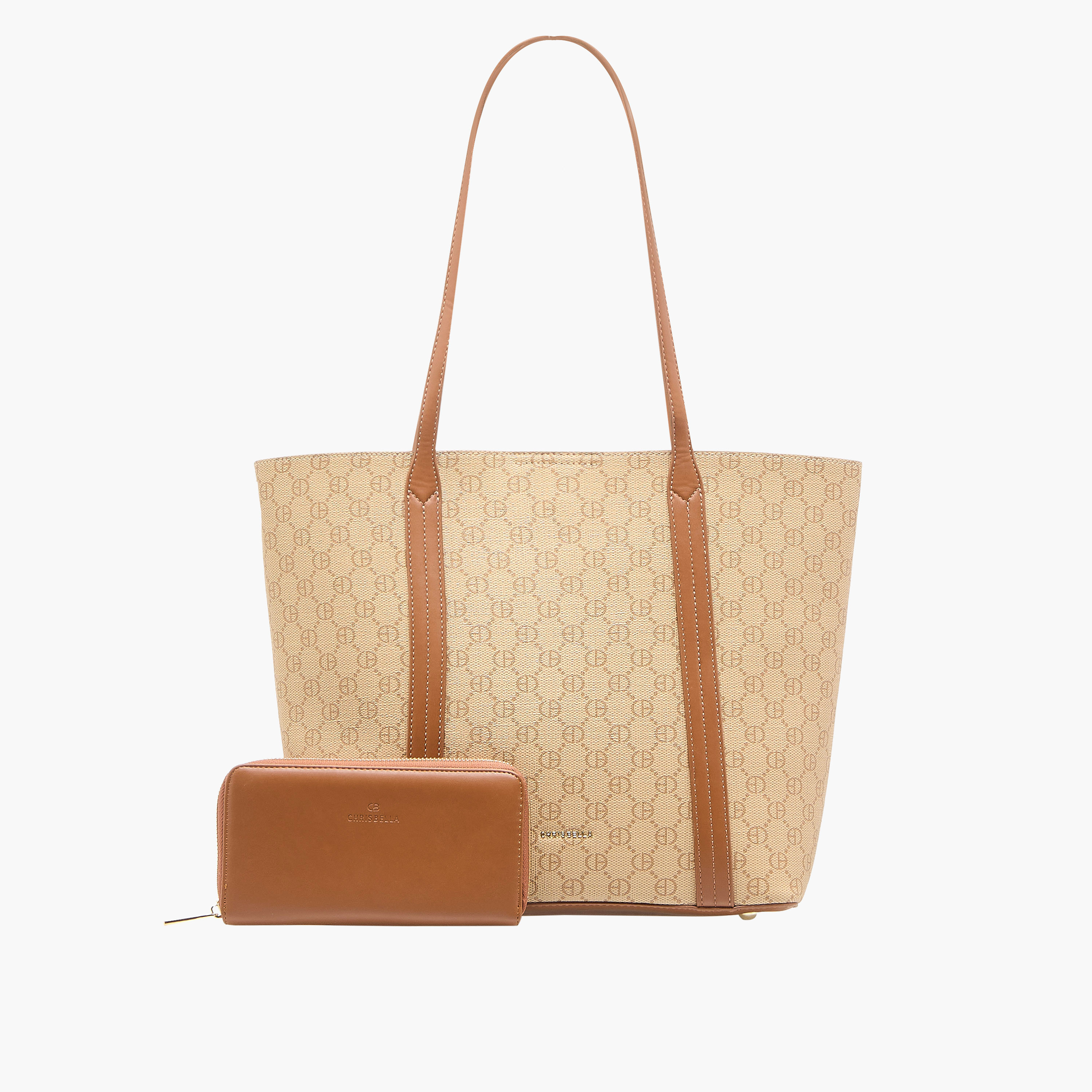 شنطة توتي بطبعات بمقابض مزدوجة مع محفظة بسحّاب دائري من كريسبيلا-women-bagsandwallets-handbags-image-1