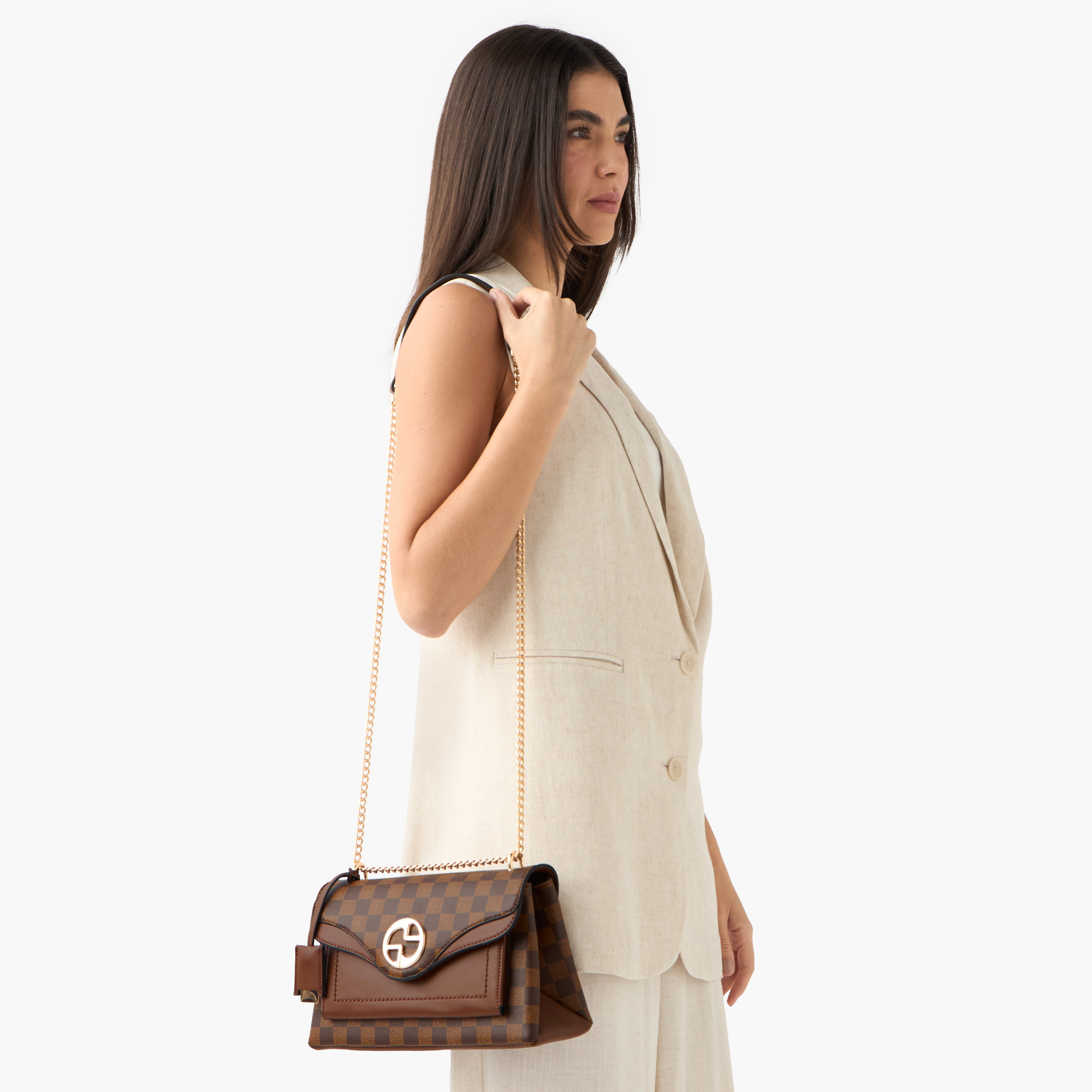Sasha Checked Crossbody Bag with Chain Strap-women-bagsandwallets-handbags-image-2