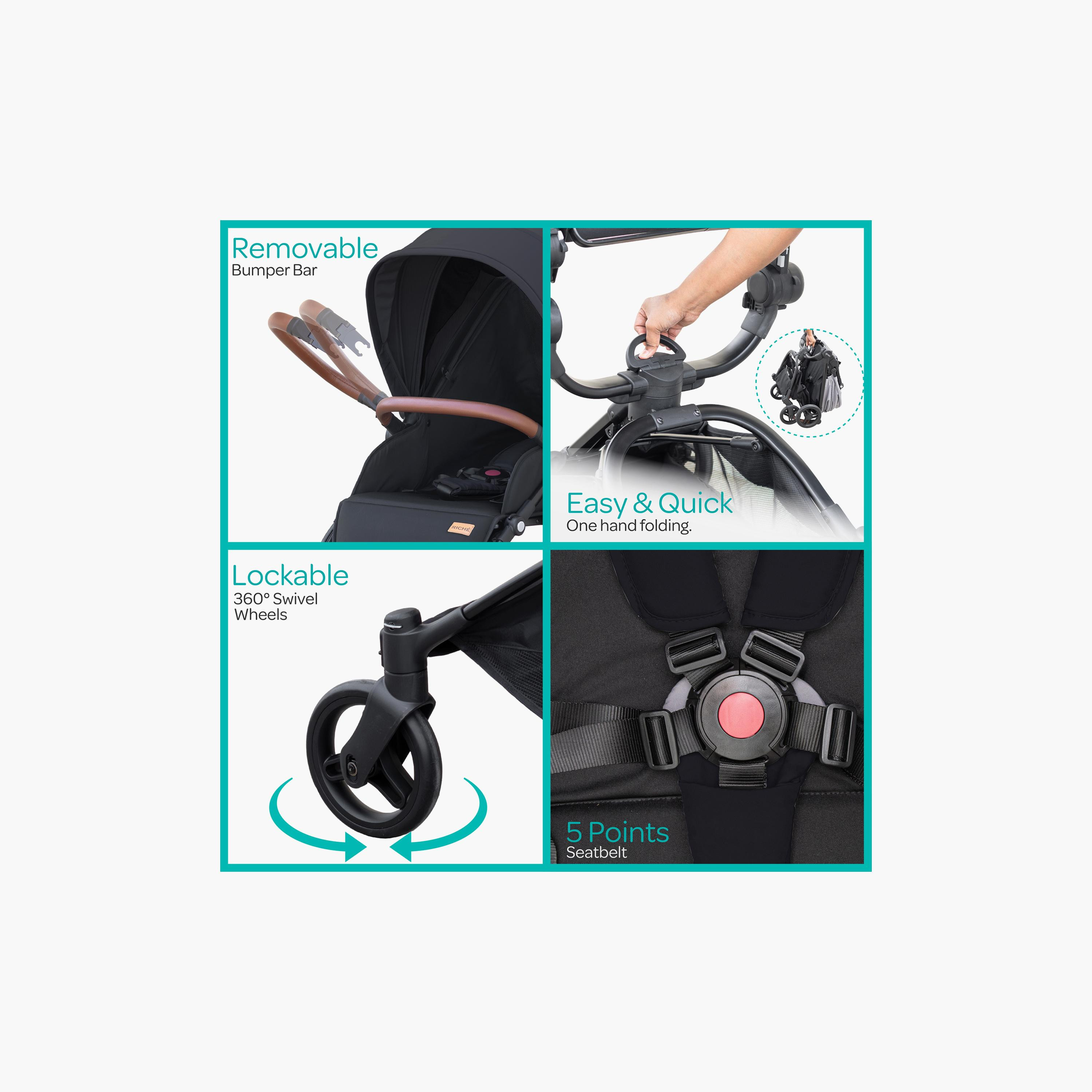 Moon Riche Advanced Baby Stroller with 360° Rotating Handle - Black-baby-gear-strollersandprams-strollers-image-4