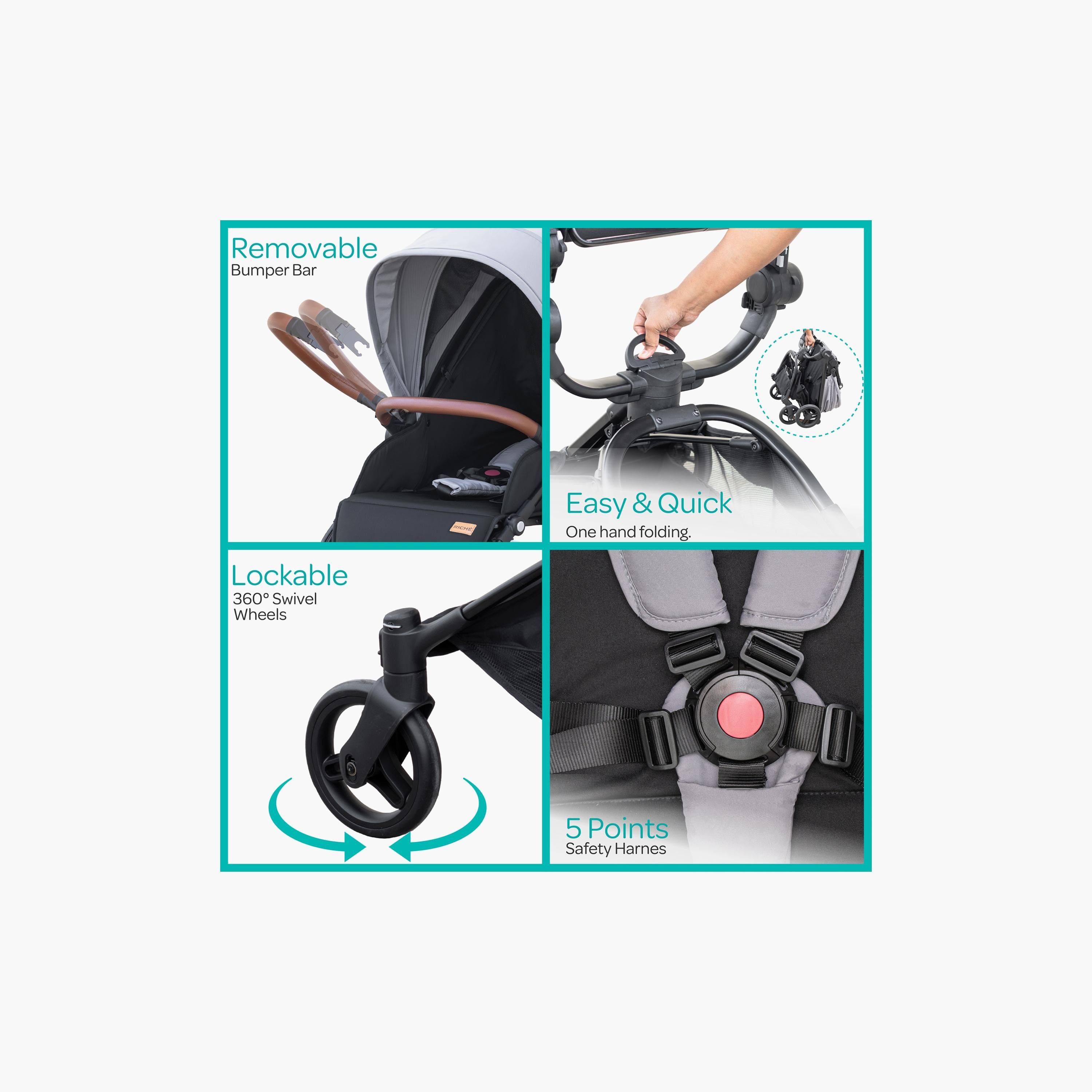 Moon Riche Advanced Baby Stroller with 360° Rotating Handle - Grey-baby-gear-strollersandprams-strollers-image-5