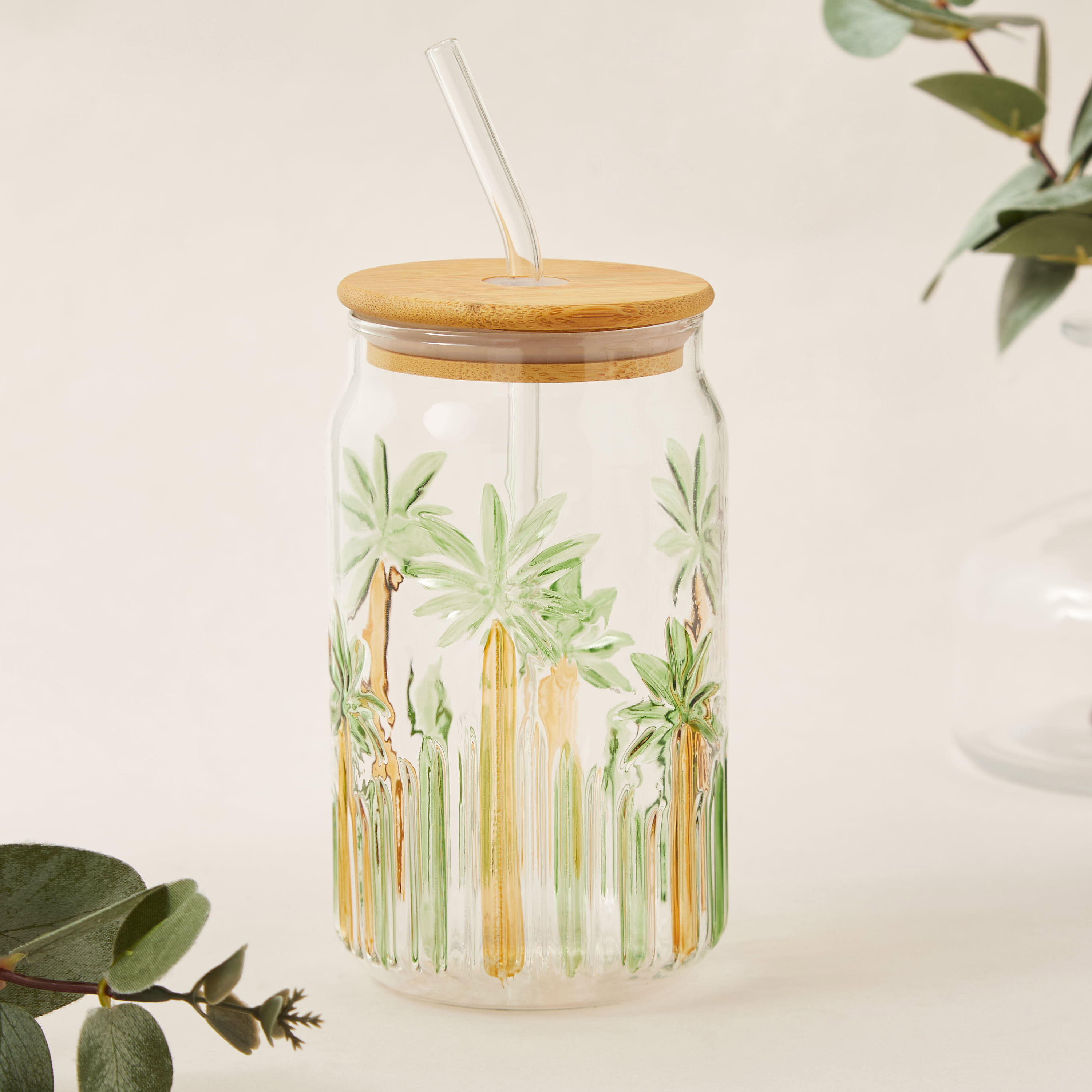 Palm Tree Print Glass Sipper with Lid - 530 ml-household-dining-teaandcoffee-travelmugsandsippers-image-1
