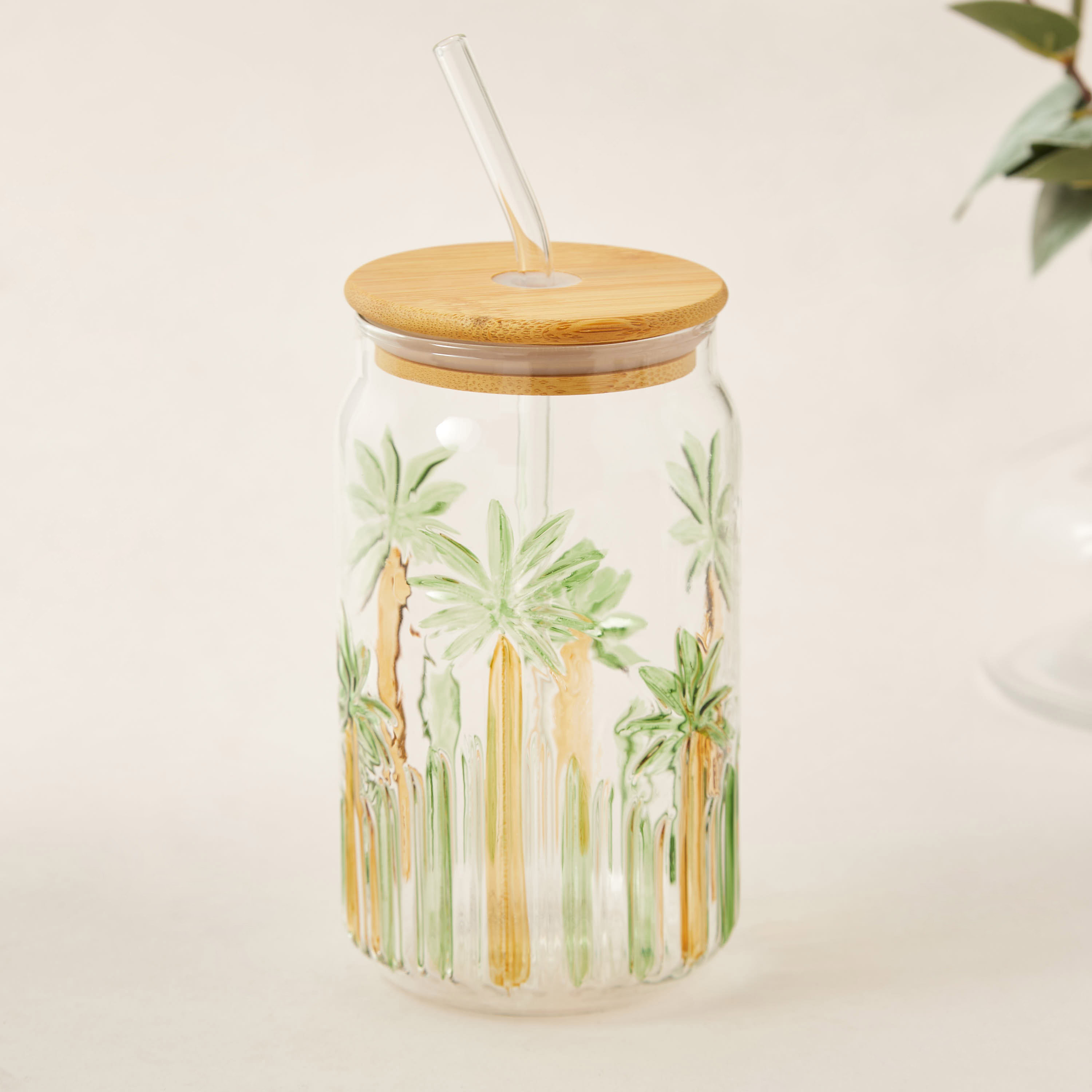 Palm Tree Print Glass Sipper with Lid - 530 ml-household-dining-teaandcoffee-travelmugsandsippers-image-2