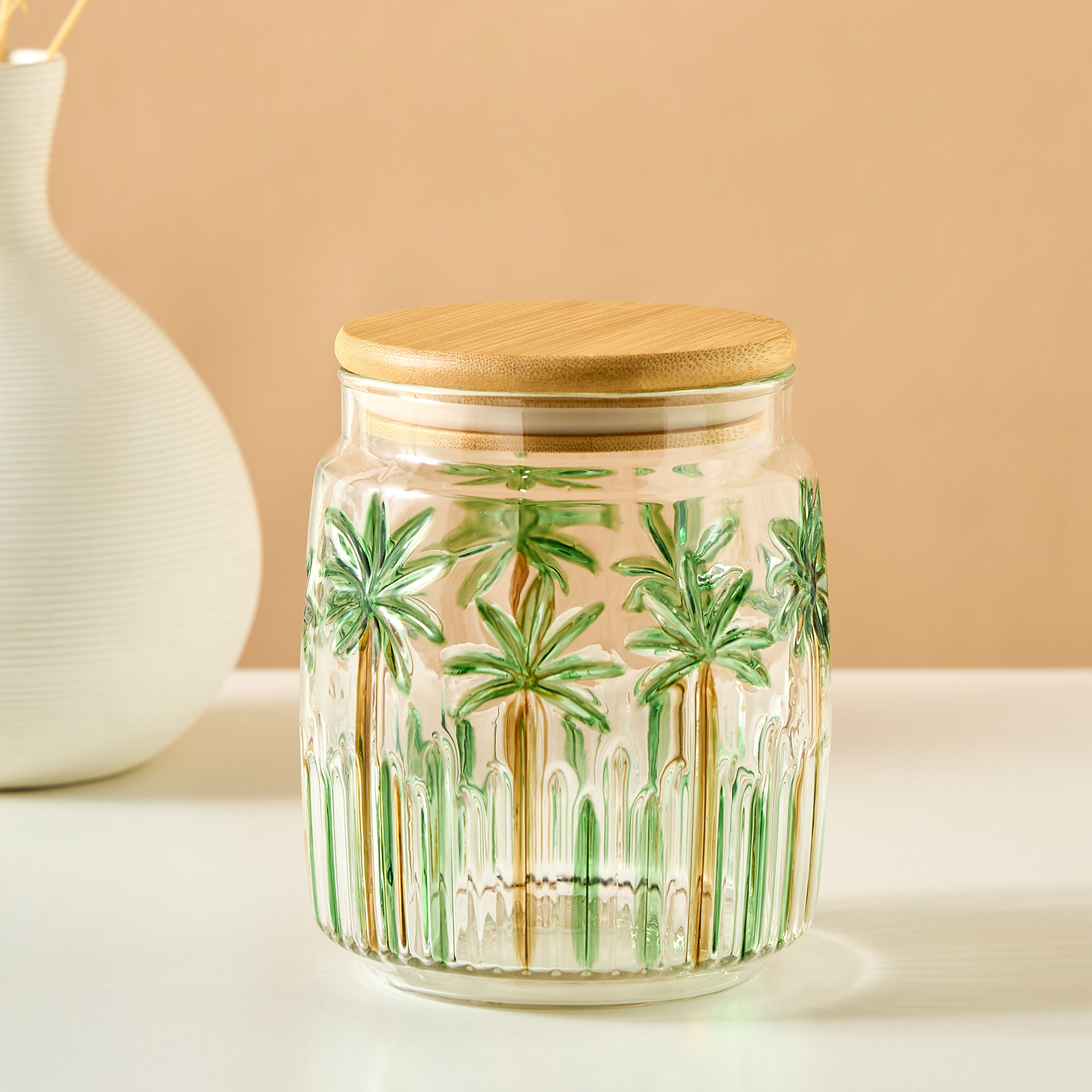 Palm Tree Embossed Glass Canister - 800 ml-household-kitchen-foodstorage-containers-image-1