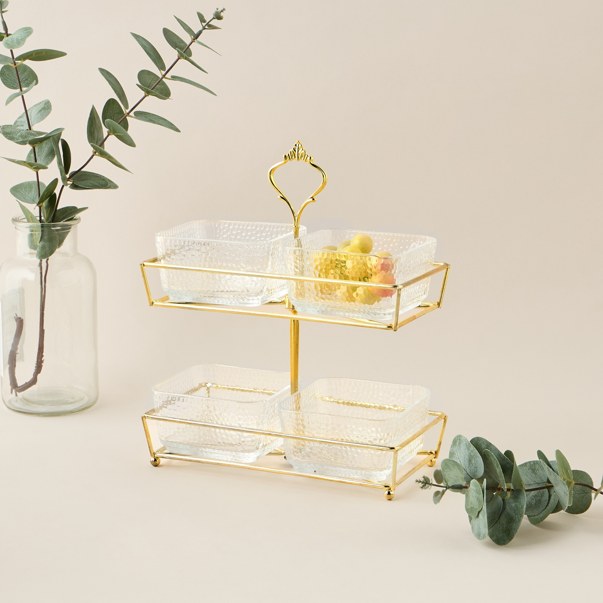 Textured 4-Piece Glass Square Bowl Set with 2-Tier Metal Stand-household-dining-serveware-chipsanddip-image-1